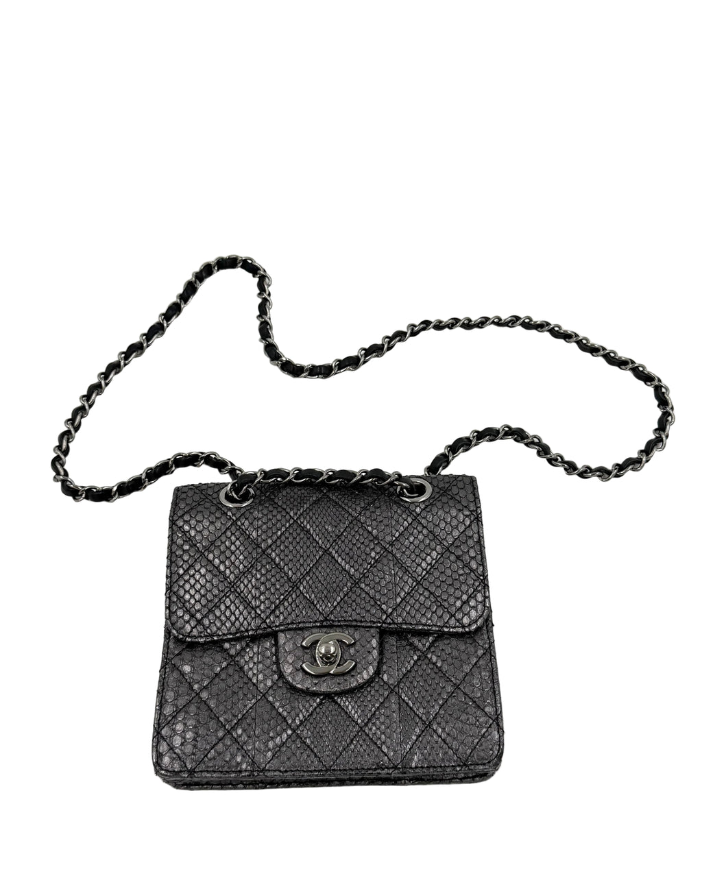 Pre-owned Chanel Small Metallic Gunmetal Snakeskin Flap Bag - Authenticated