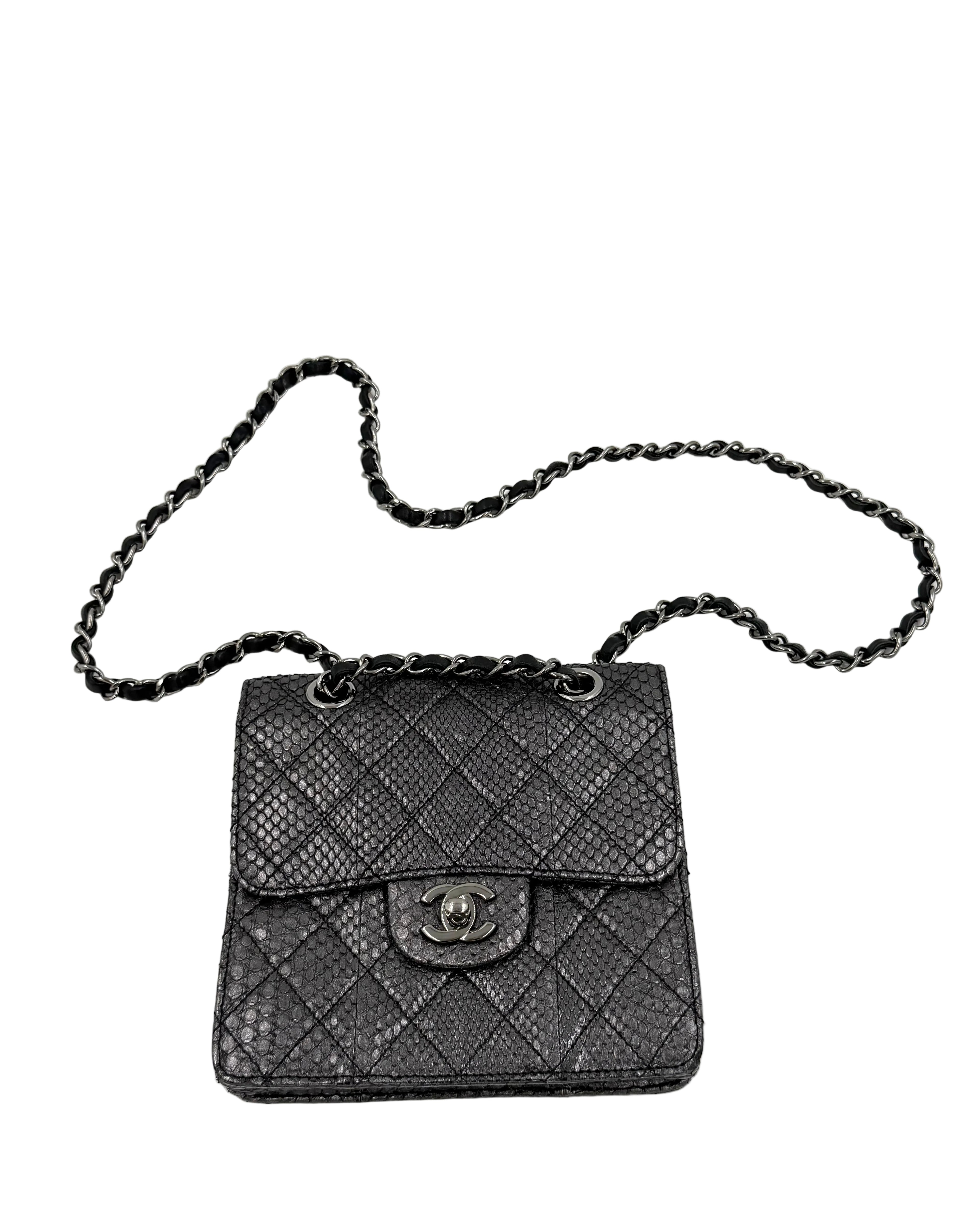 Pre-owned Chanel Small Metallic Gunmetal Snakeskin Flap Bag - Authenticated