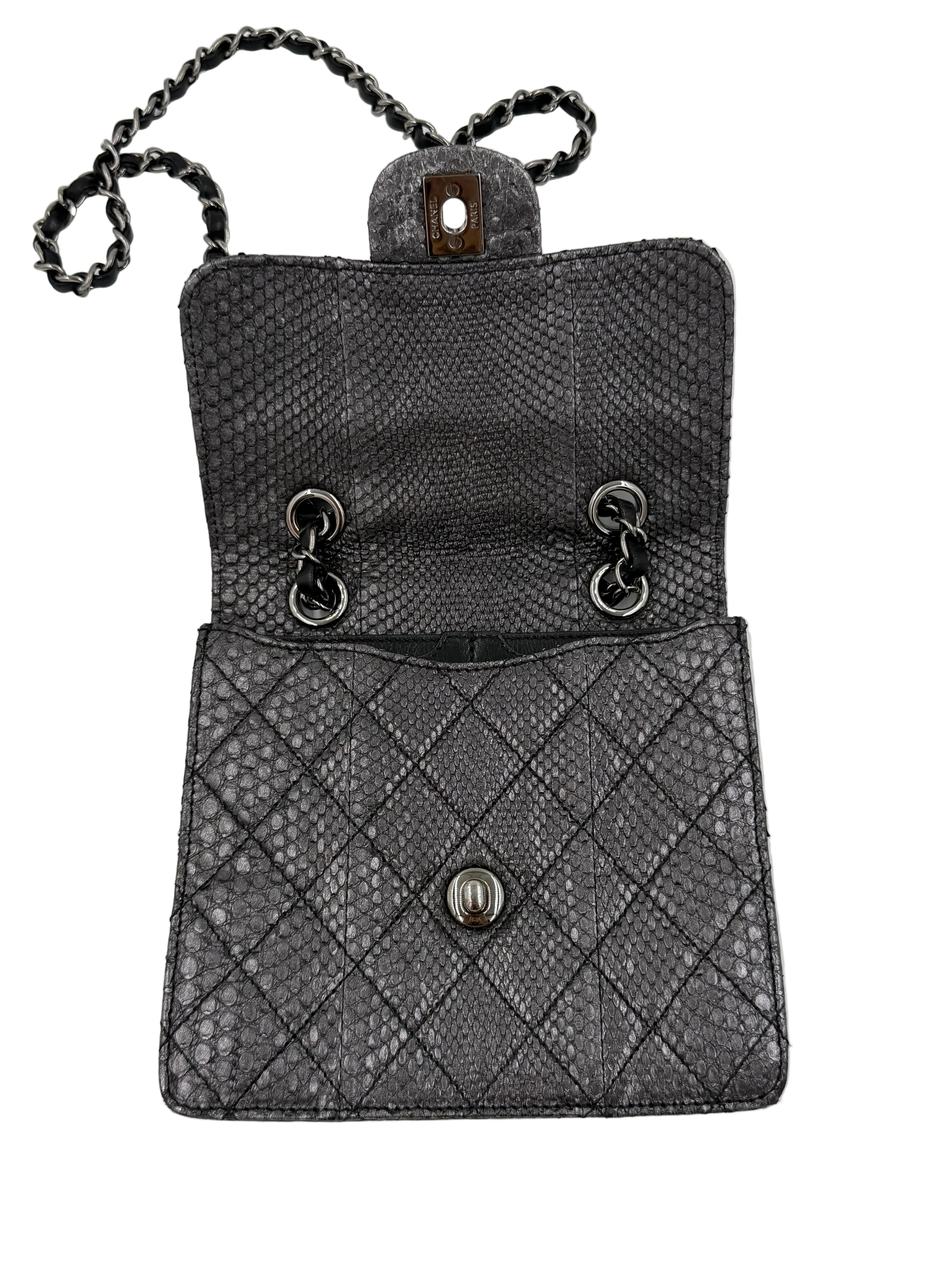 Pre-owned Chanel Small Metallic Gunmetal Snakeskin Flap Bag - Authenticated