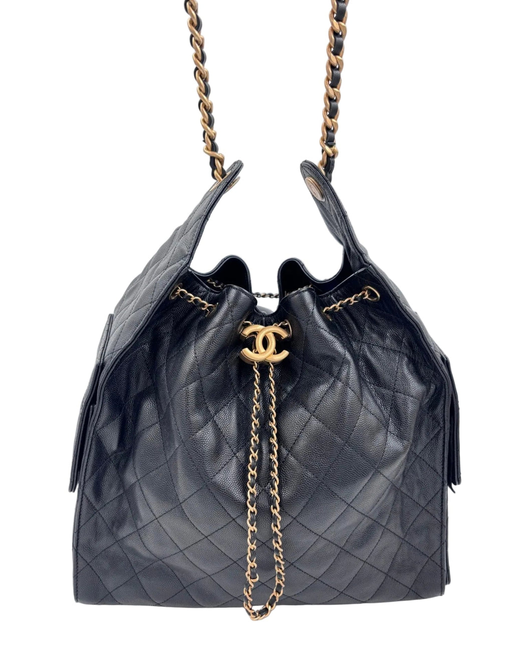 Pre-owned Chanel 25 Medium Black Caviar Leather Gold Hardware - Authenticated