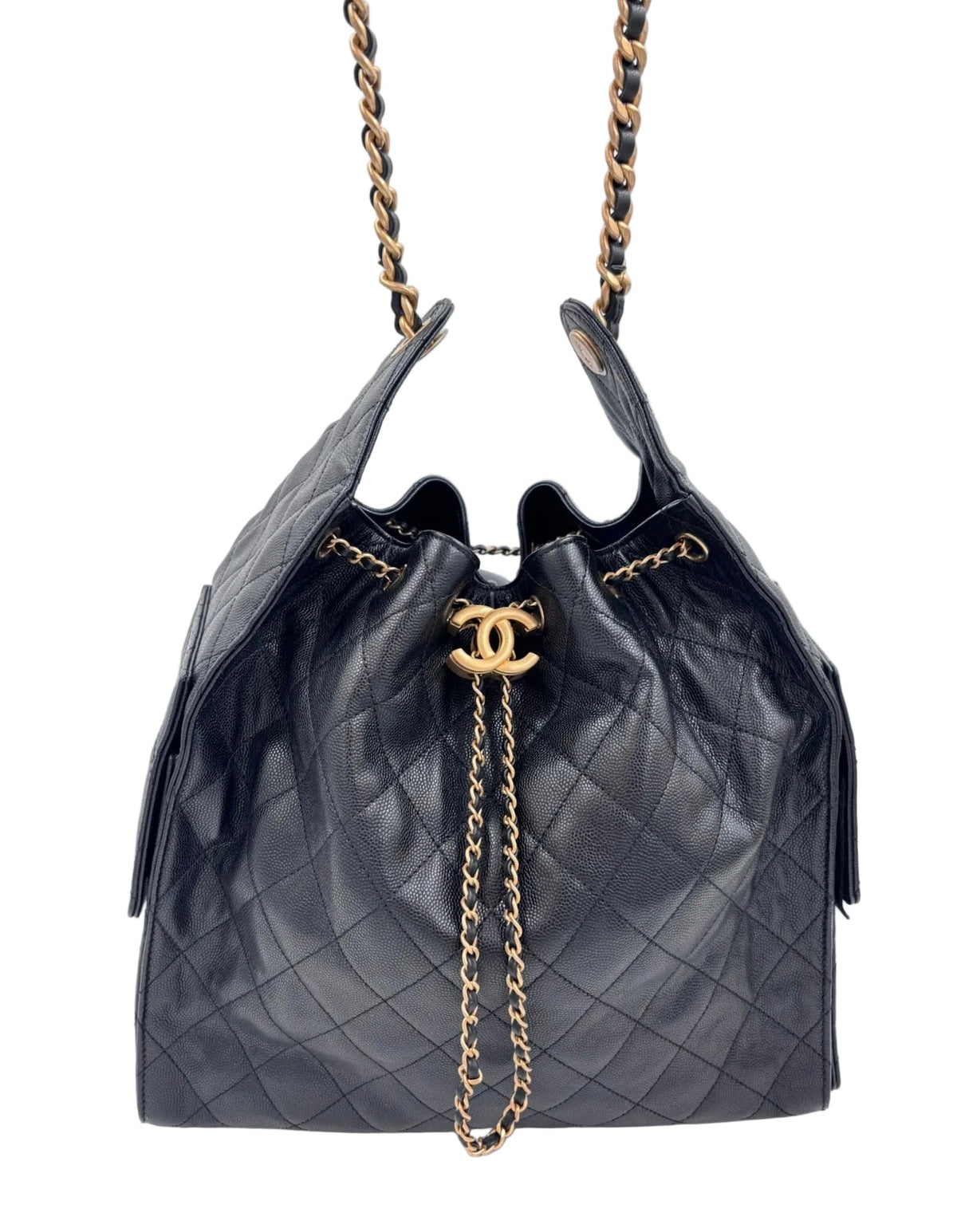 Pre-owned Chanel 25 Medium Black Caviar Leather Gold Hardware - Authenticated
