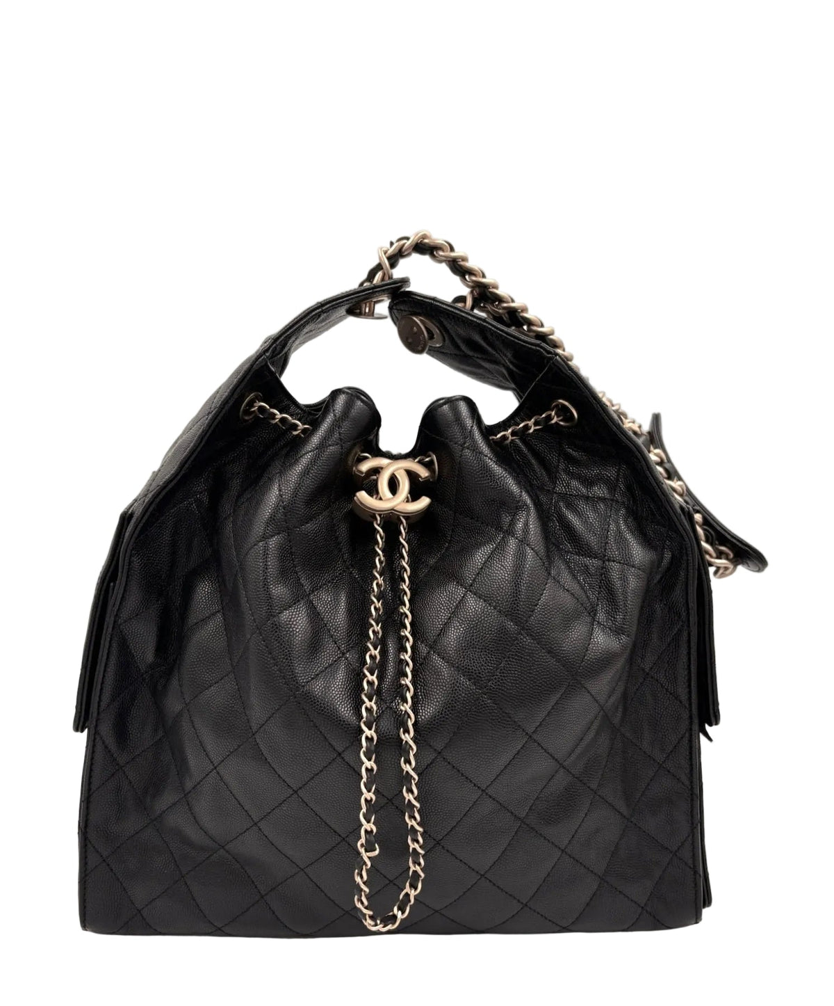 Pre-owned Chanel 25 Medium Black Caviar Leather Gold Hardware - Authenticated