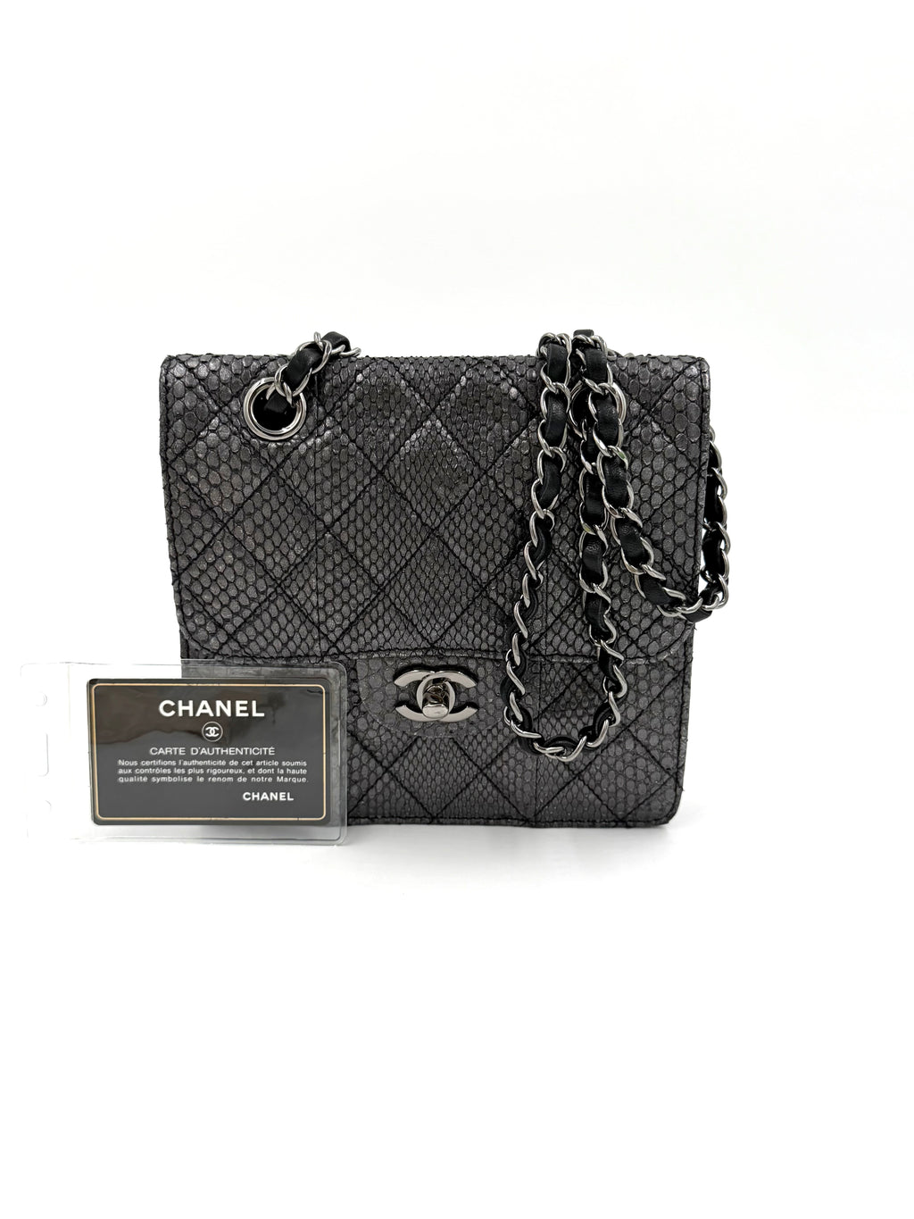 Pre-owned Chanel Small Metallic Gunmetal Snakeskin Flap Bag - Authenticated