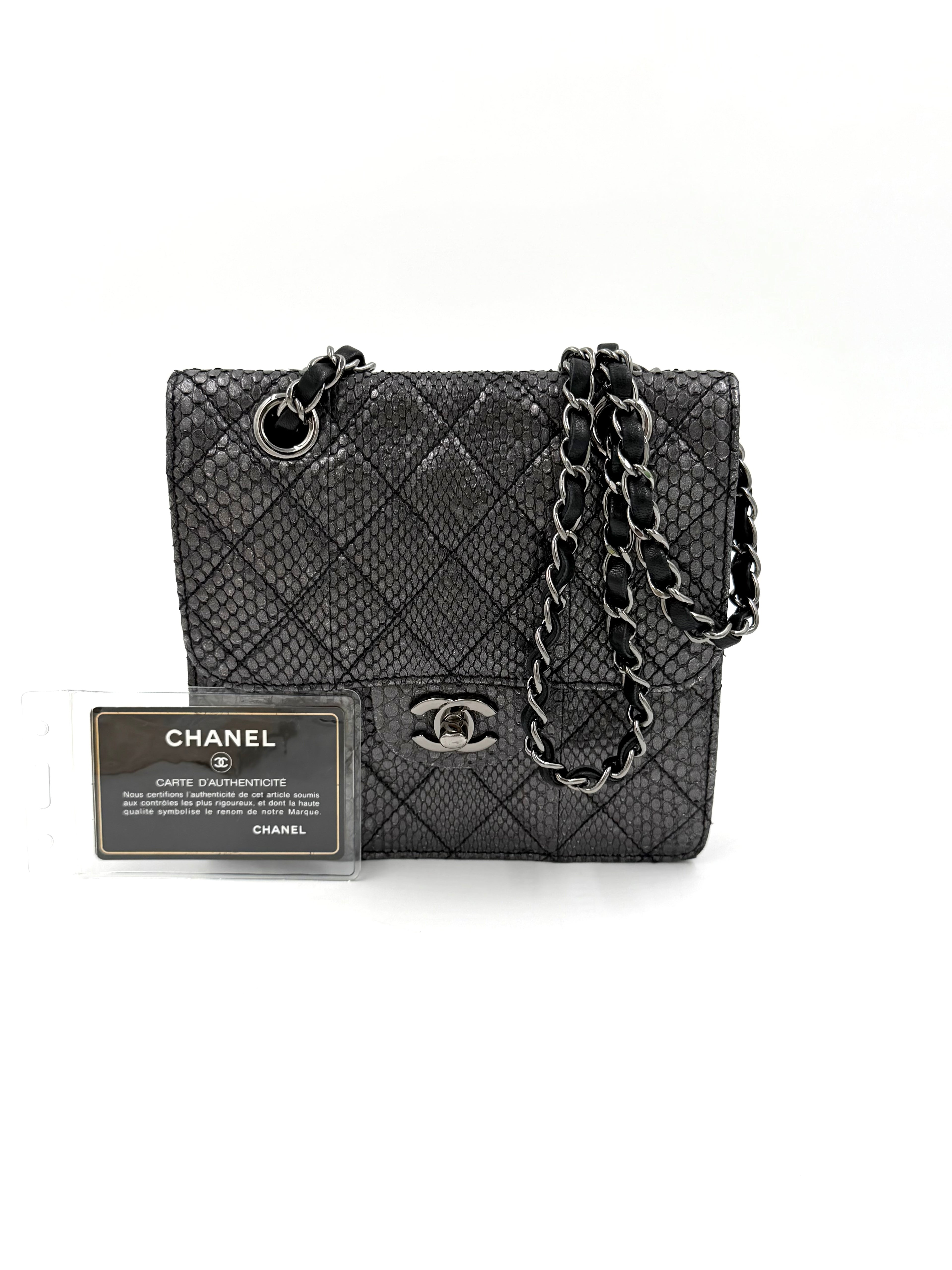 Pre-owned Chanel Small Metallic Gunmetal Snakeskin Flap Bag - Authenticated