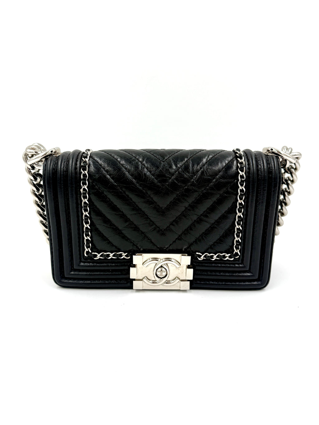 Pre-Owned Chanel Chain Around Boy Flap Bag Black Crinkled Calfskin  - Authenticated