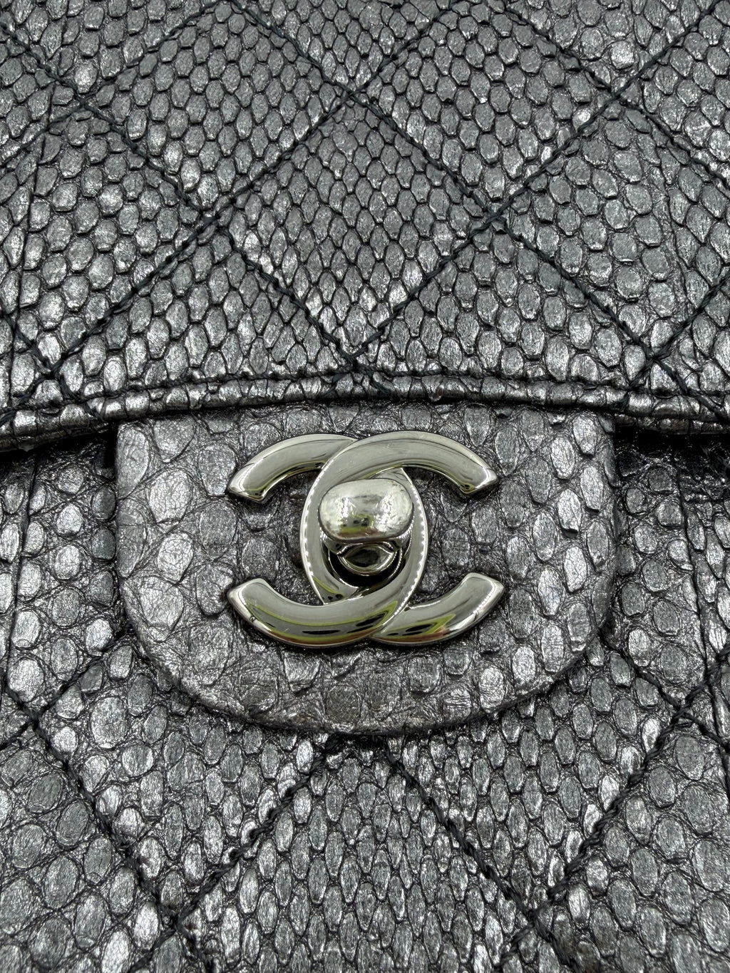 Pre-owned Chanel Small Metallic Gunmetal Snakeskin Flap Bag - Authenticated