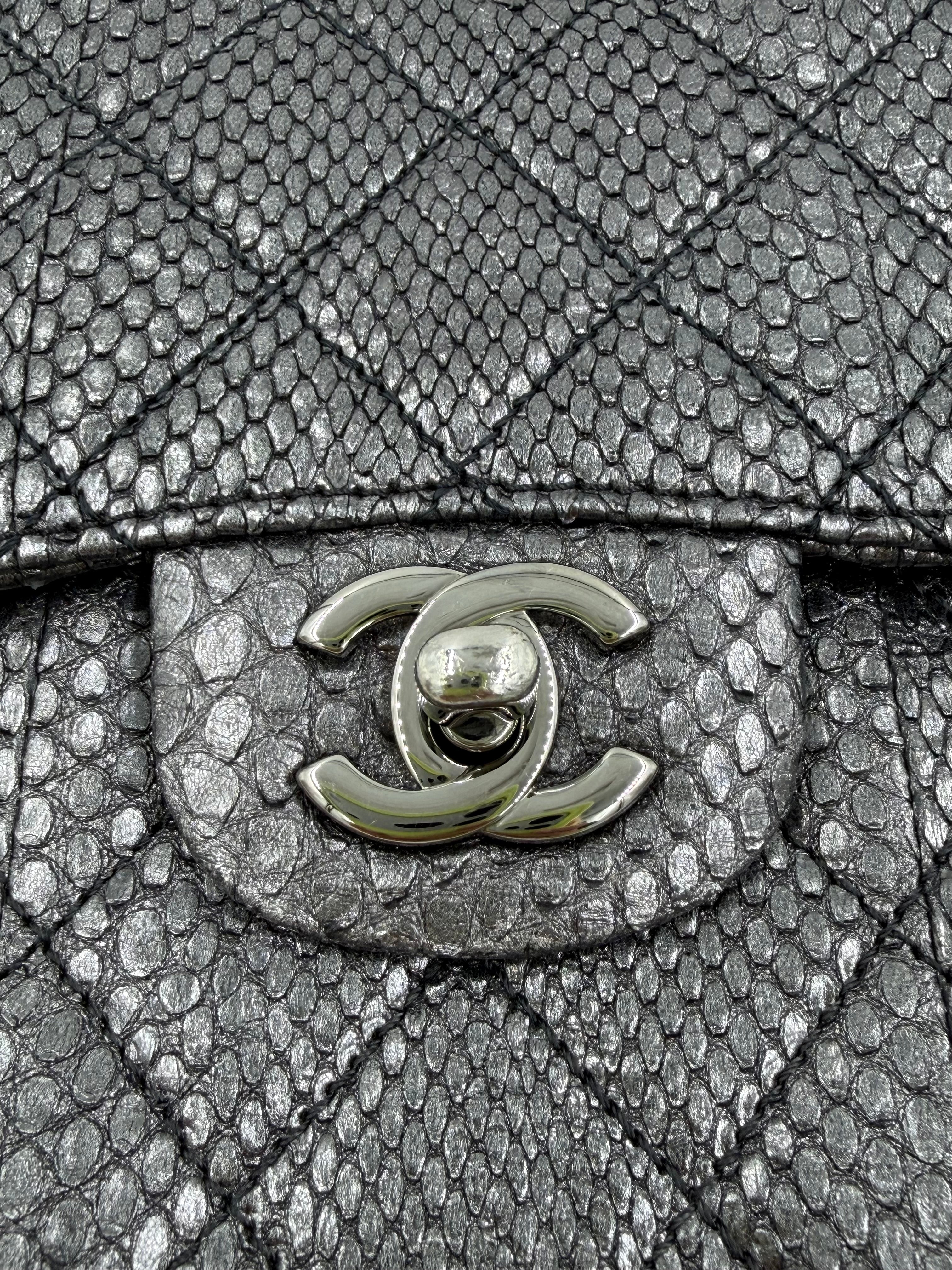 Pre-owned Chanel Small Metallic Gunmetal Snakeskin Flap Bag - Authenticated