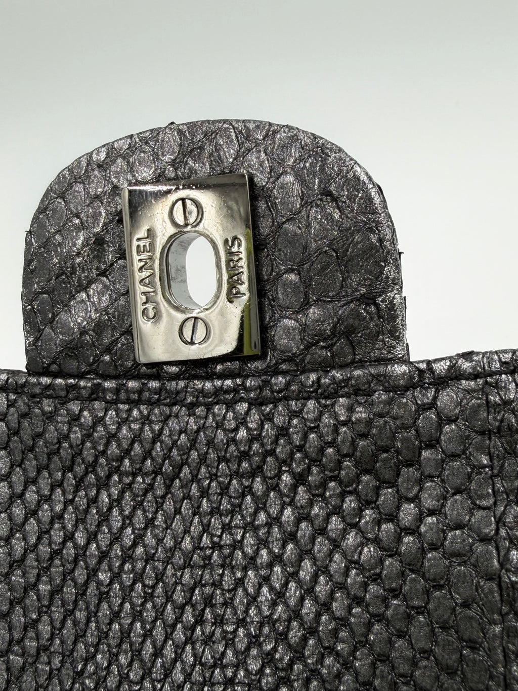 Pre-owned Chanel Small Metallic Gunmetal Snakeskin Flap Bag - Authenticated