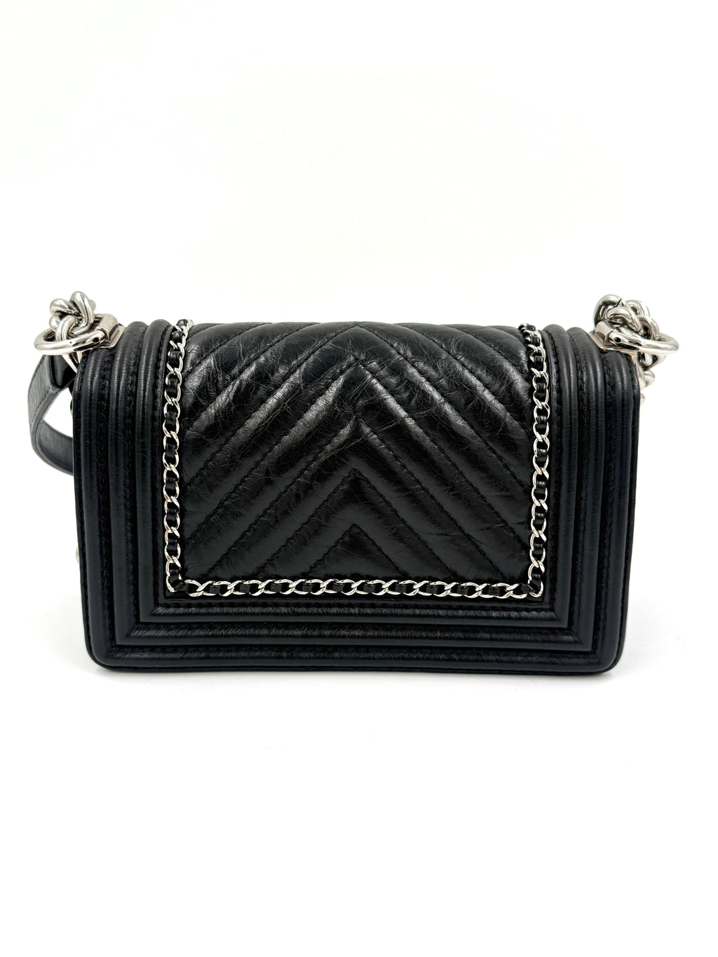 Pre-Owned Chanel Chain Around Boy Flap Bag Black Crinkled Calfskin  - Authenticated