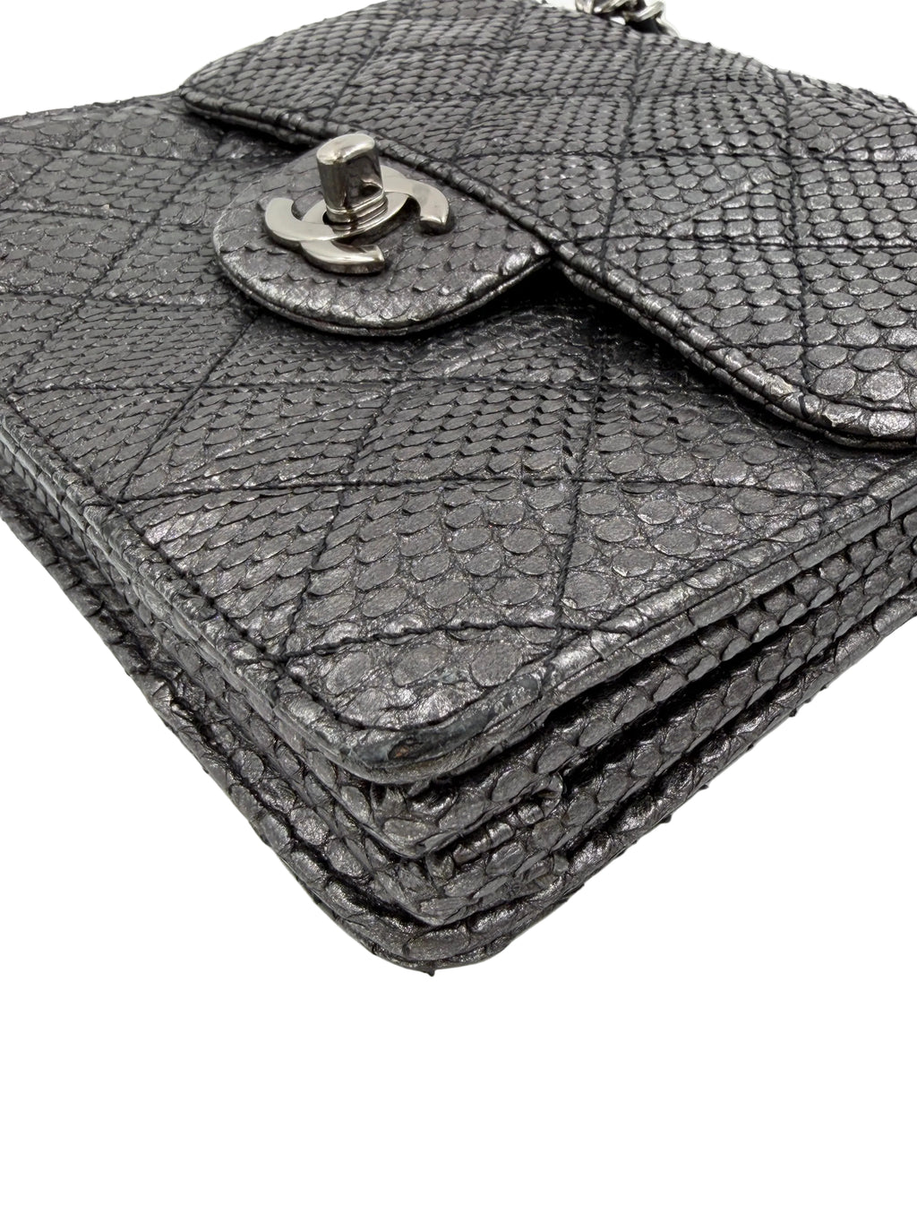 Pre-owned Chanel Small Metallic Gunmetal Snakeskin Flap Bag - Authenticated