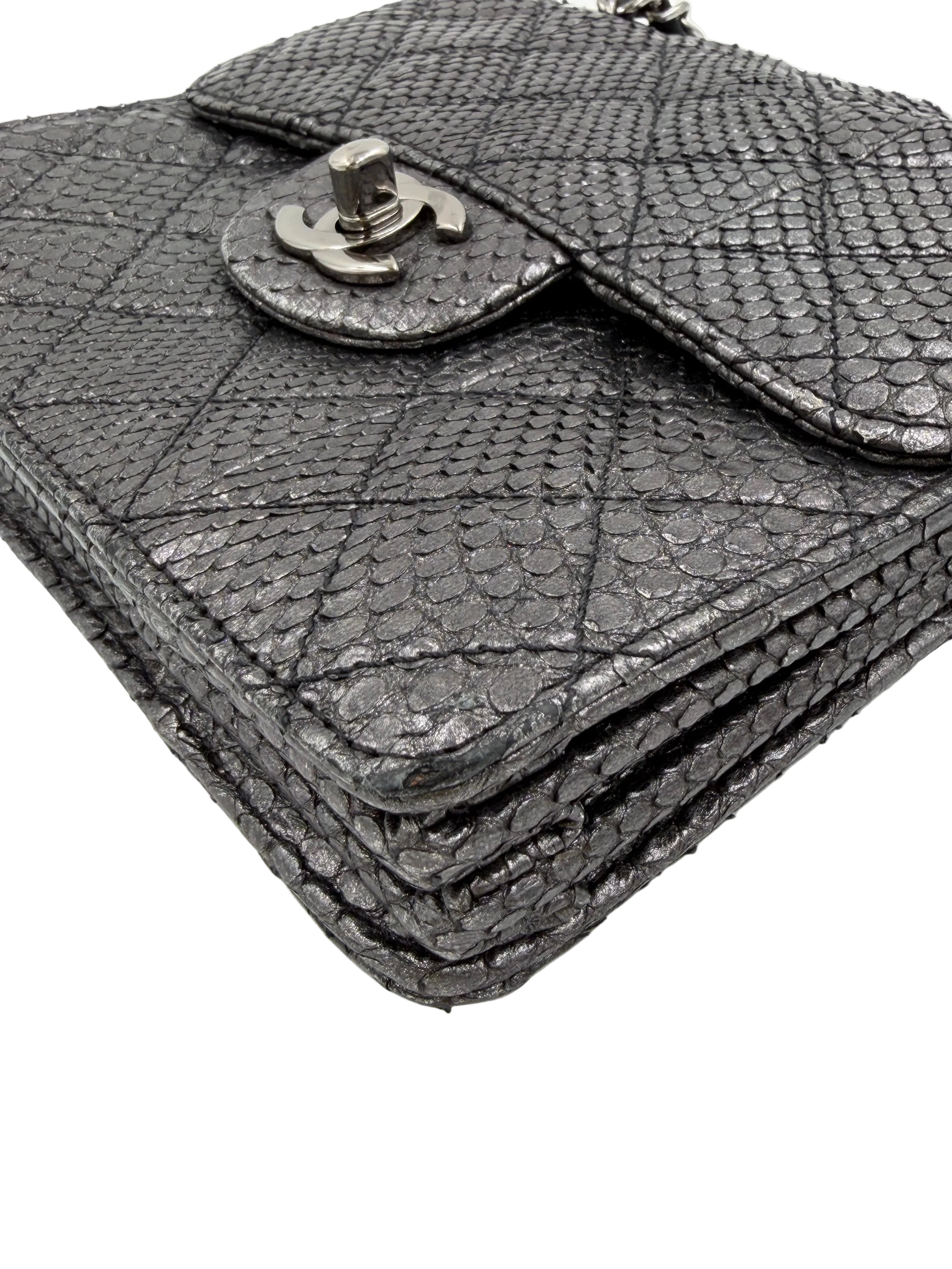 Pre-owned Chanel Small Metallic Gunmetal Snakeskin Flap Bag - Authenticated