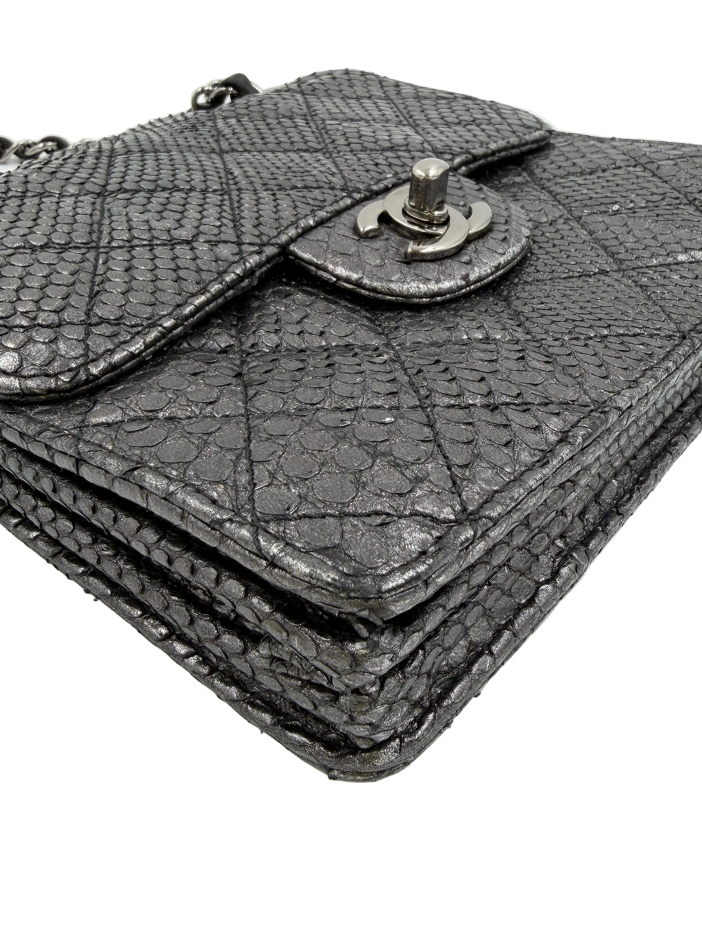 Pre-owned Chanel Small Metallic Gunmetal Snakeskin Flap Bag - Authenticated