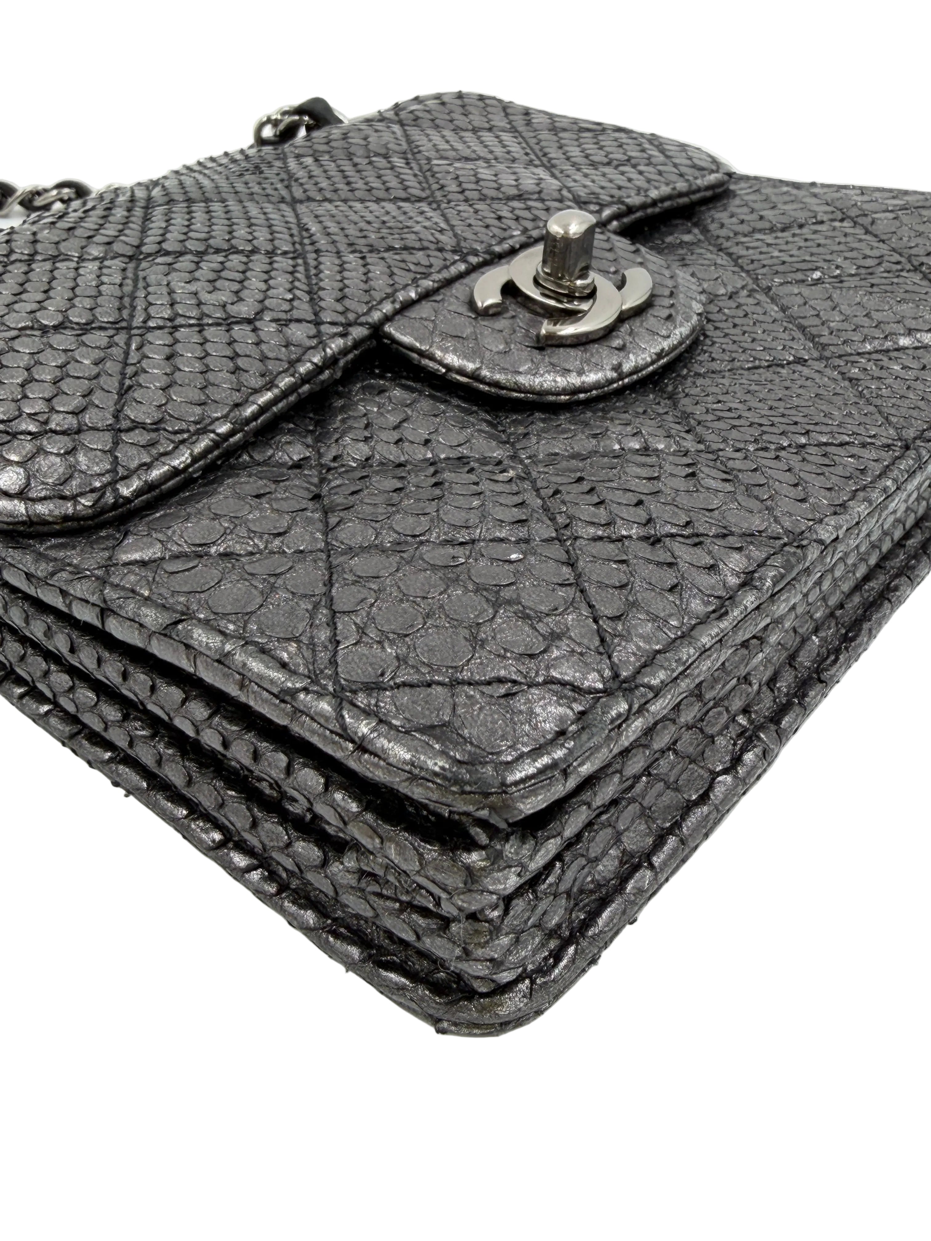 Pre-owned Chanel Small Metallic Gunmetal Snakeskin Flap Bag - Authenticated