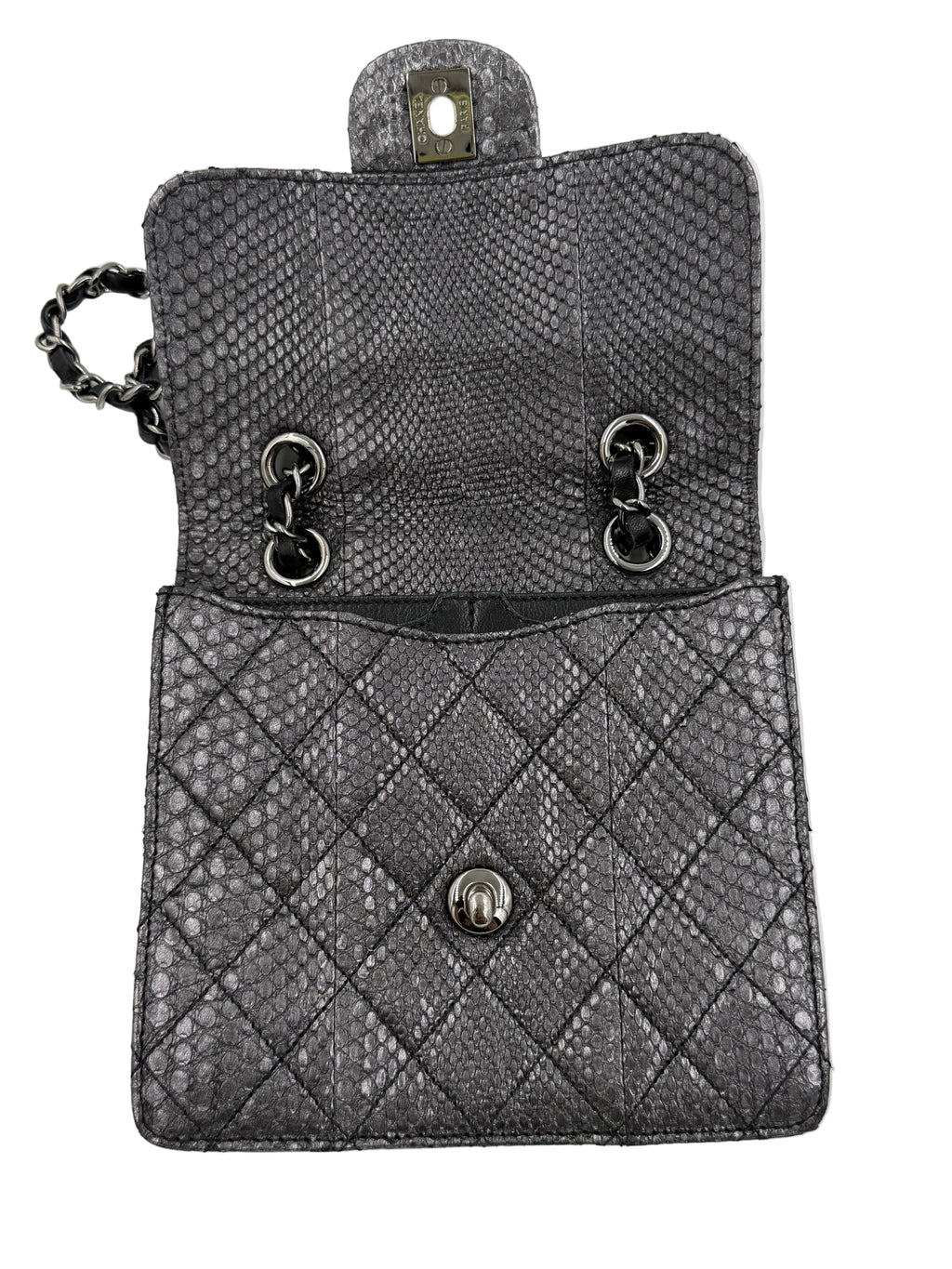 Pre-owned Chanel Small Metallic Gunmetal Snakeskin Flap Bag - Authenticated