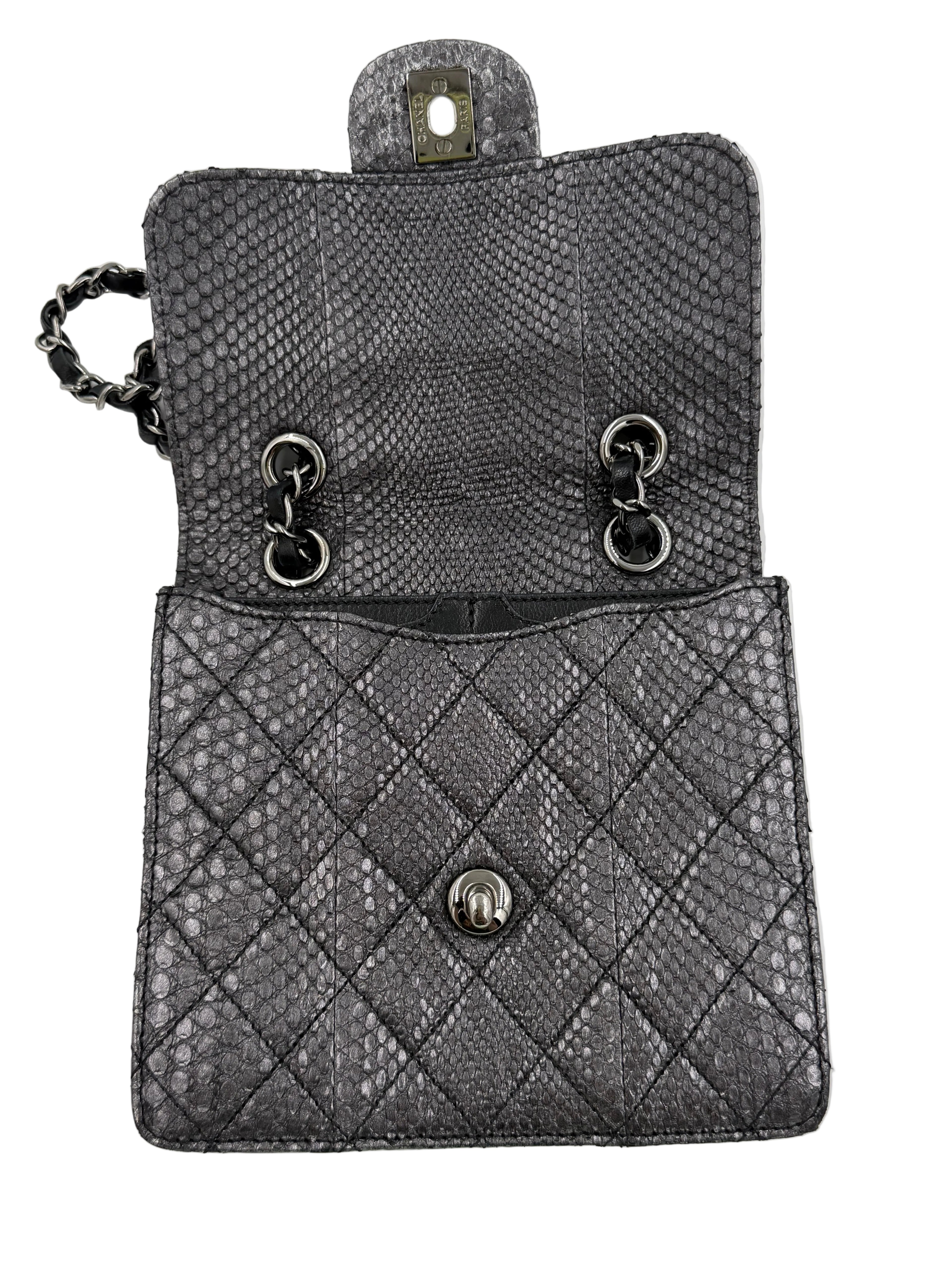 Pre-owned Chanel Small Metallic Gunmetal Snakeskin Flap Bag - Authenticated