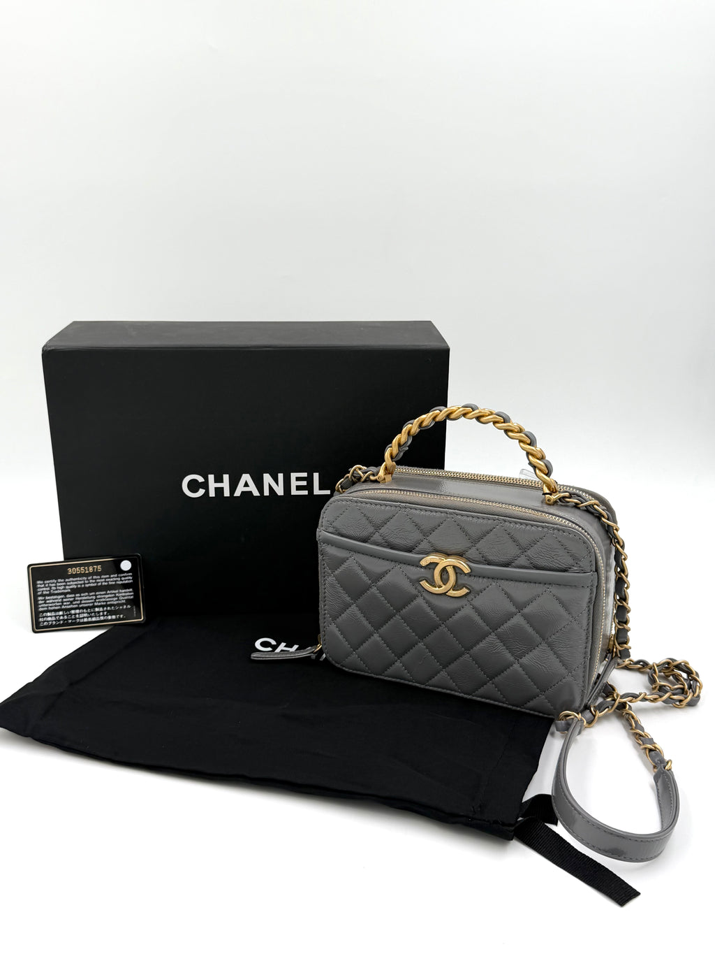 Pre-owned Chanel Shiny Gray Crumpled Calfskin Vanity Bag with Aged Gold Hardware - Authenticated