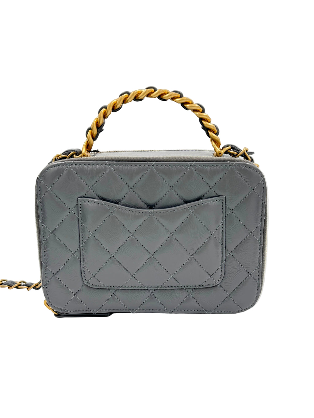 Pre-owned Chanel Shiny Gray Crumpled Calfskin Vanity Bag with Aged Gold Hardware - Authenticated