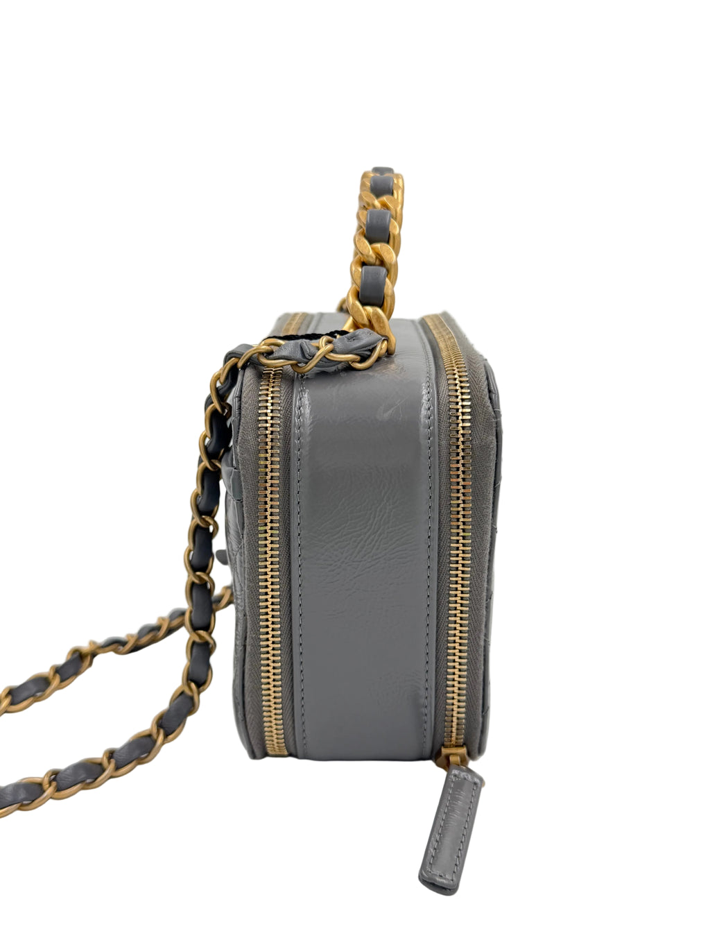 Pre-owned Chanel Shiny Gray Crumpled Calfskin Vanity Bag with Aged Gold Hardware - Authenticated