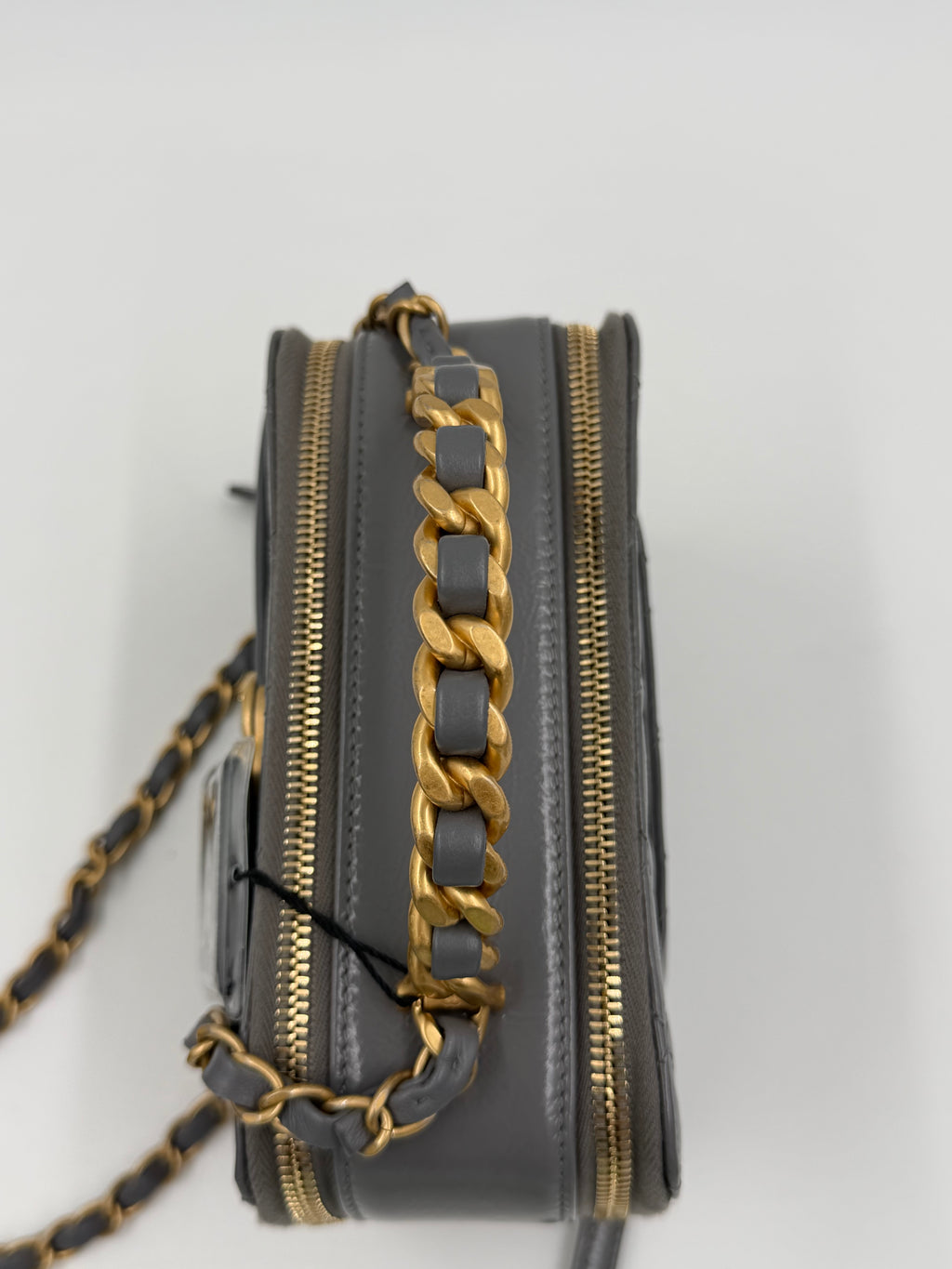 Pre-owned Chanel Shiny Gray Crumpled Calfskin Vanity Bag with Aged Gold Hardware - Authenticated