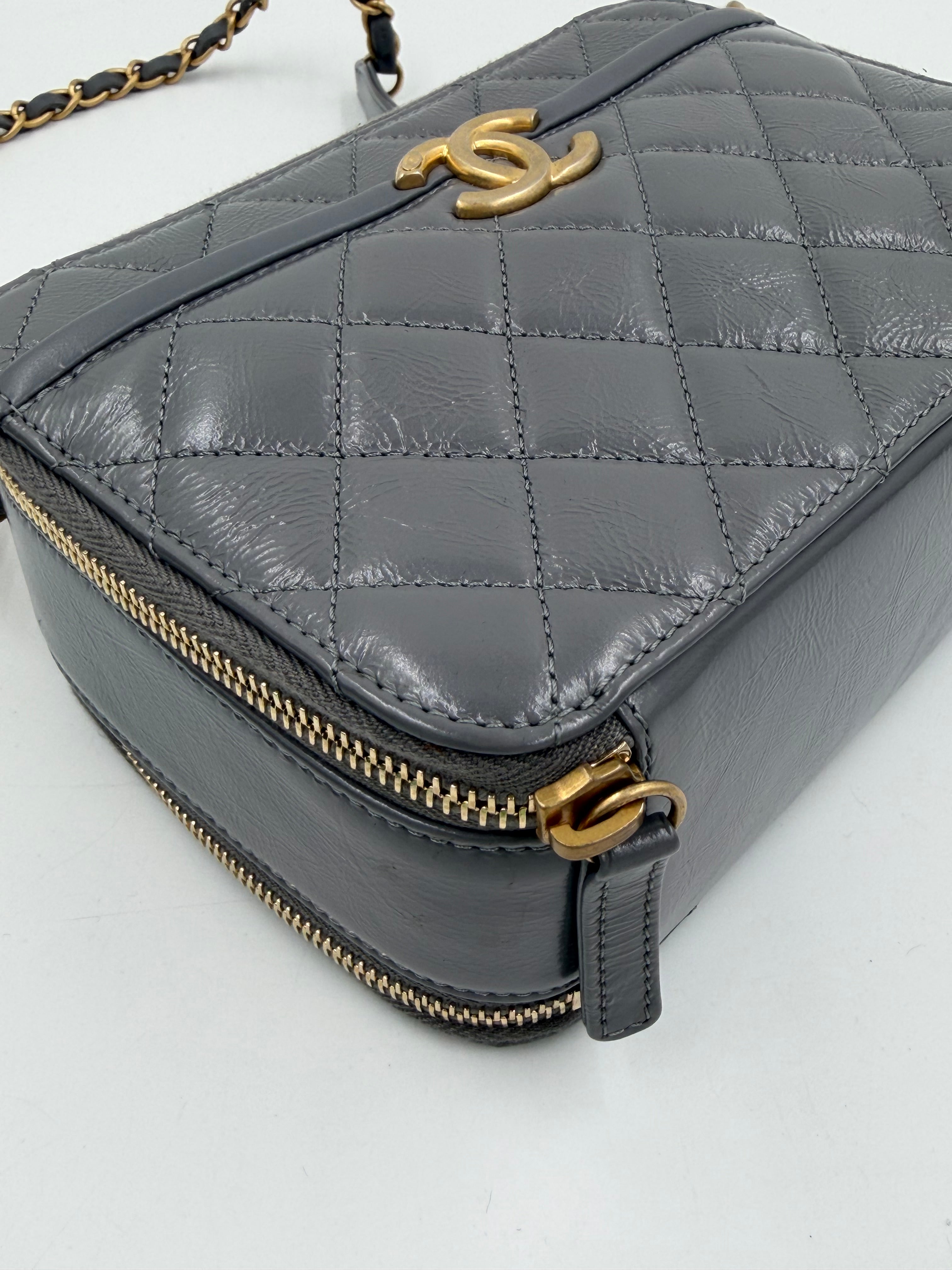 Pre-owned Chanel Shiny Gray Crumpled Calfskin Vanity Bag with Aged Gold Hardware - Authenticated