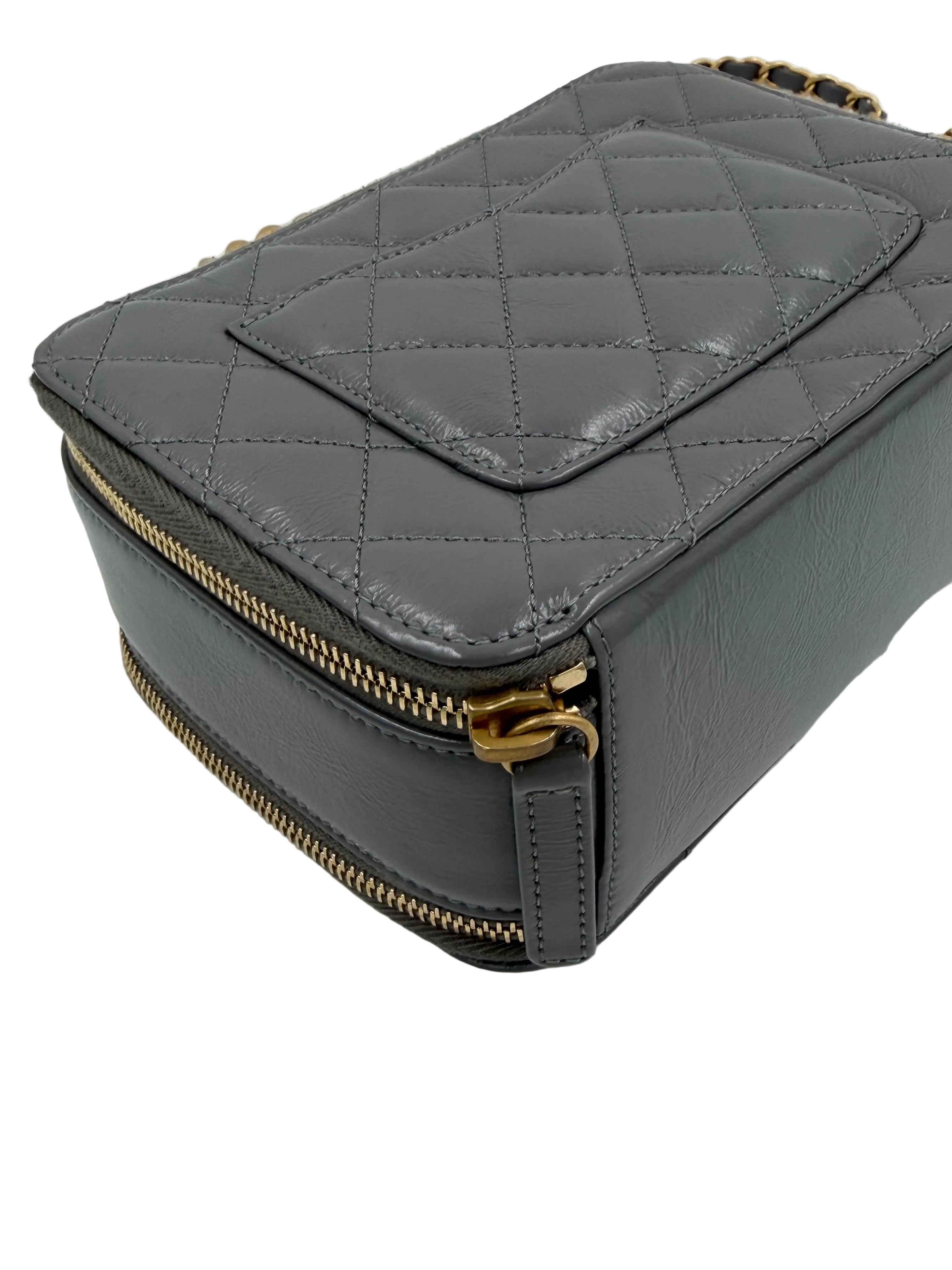 Pre-owned Chanel Shiny Gray Crumpled Calfskin Vanity Bag with Aged Gold Hardware - Authenticated