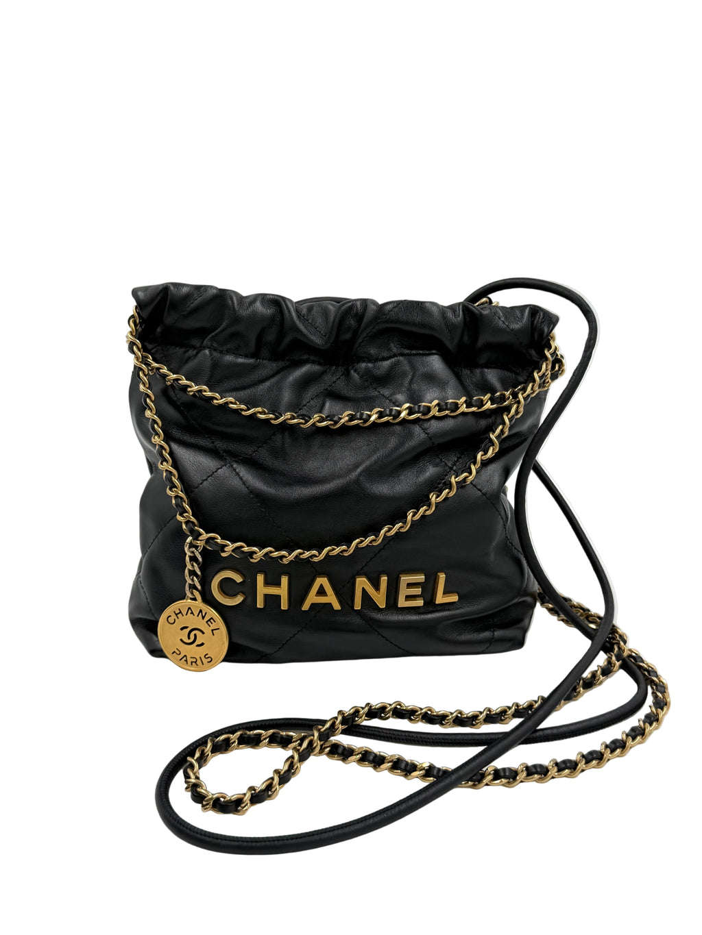 Pre-owned Chanel Shiny Calfskin Quilted Mini Chanel 22 Black Gold Hardware - Authenticated