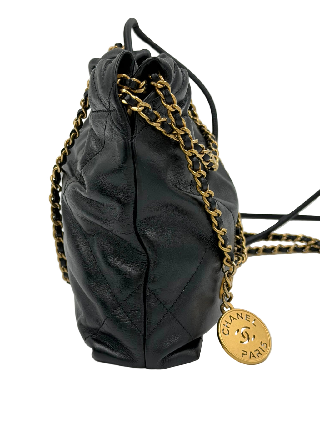 Pre-owned Chanel Shiny Calfskin Quilted Mini Chanel 22 Black Gold Hardware - Authenticated