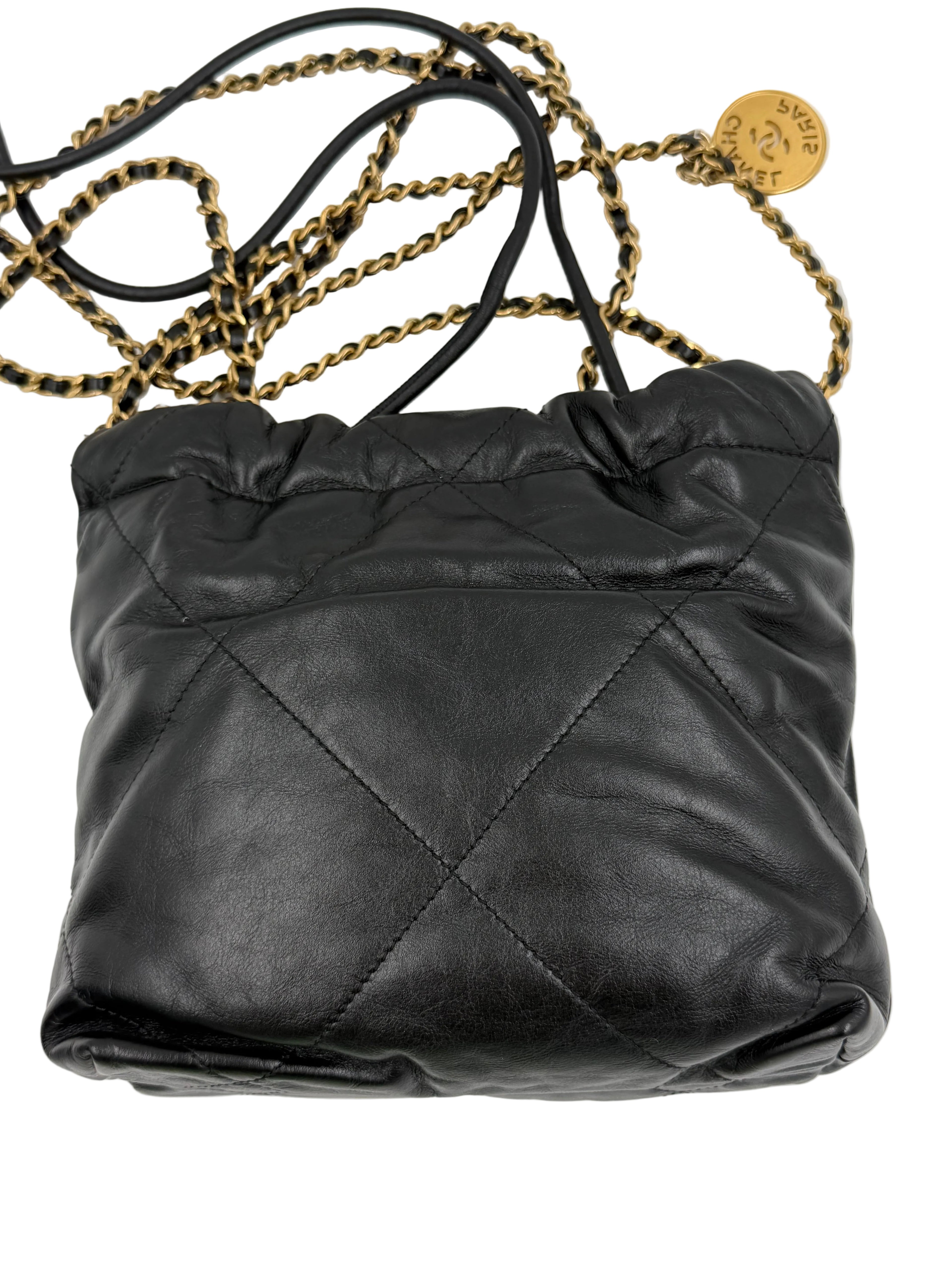 Pre-owned Chanel Shiny Calfskin Quilted Mini Chanel 22 Black Gold Hardware - Authenticated