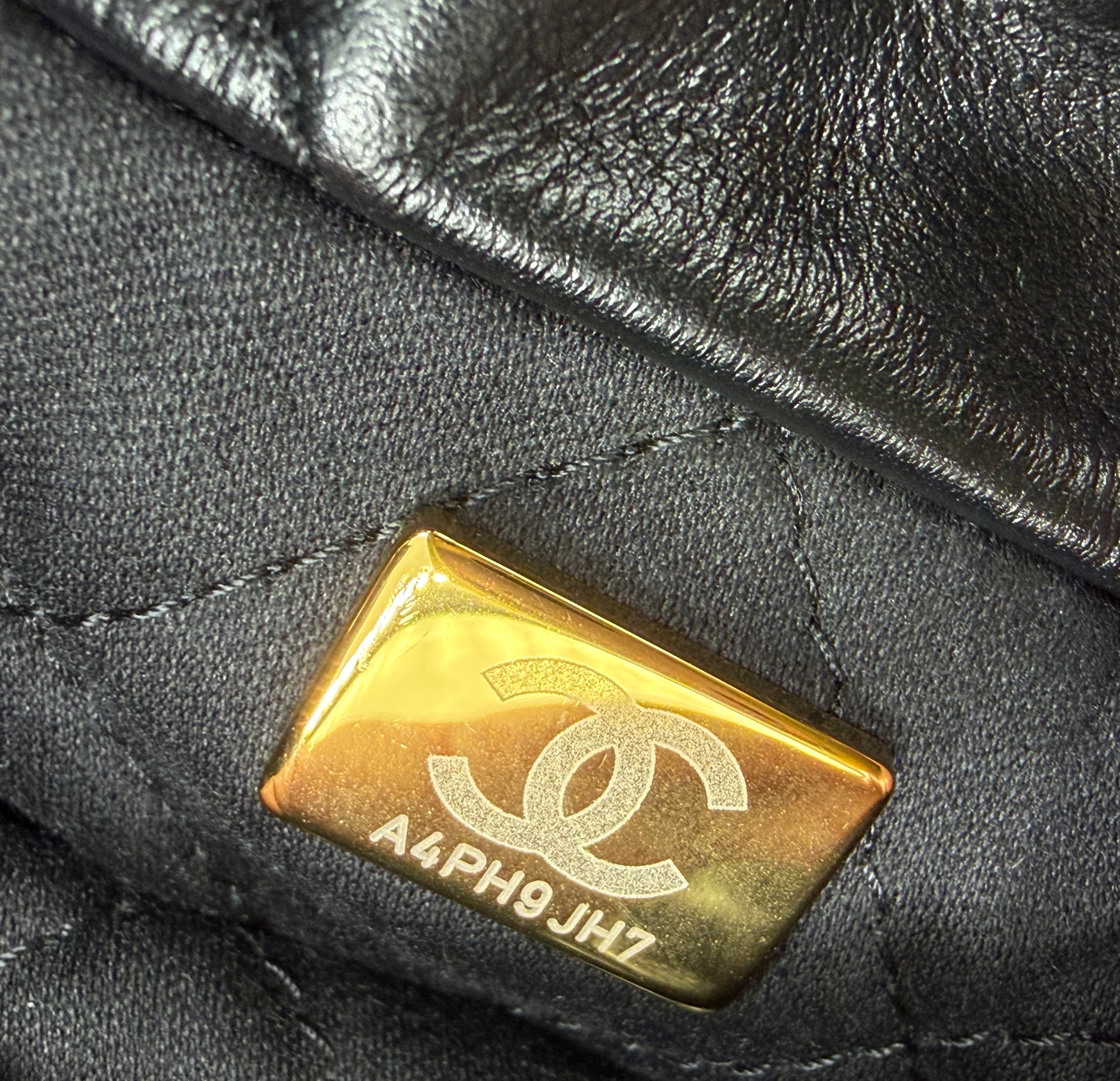Pre-owned Chanel Shiny Calfskin Quilted Mini Chanel 22 Black Gold Hardware - Authenticated