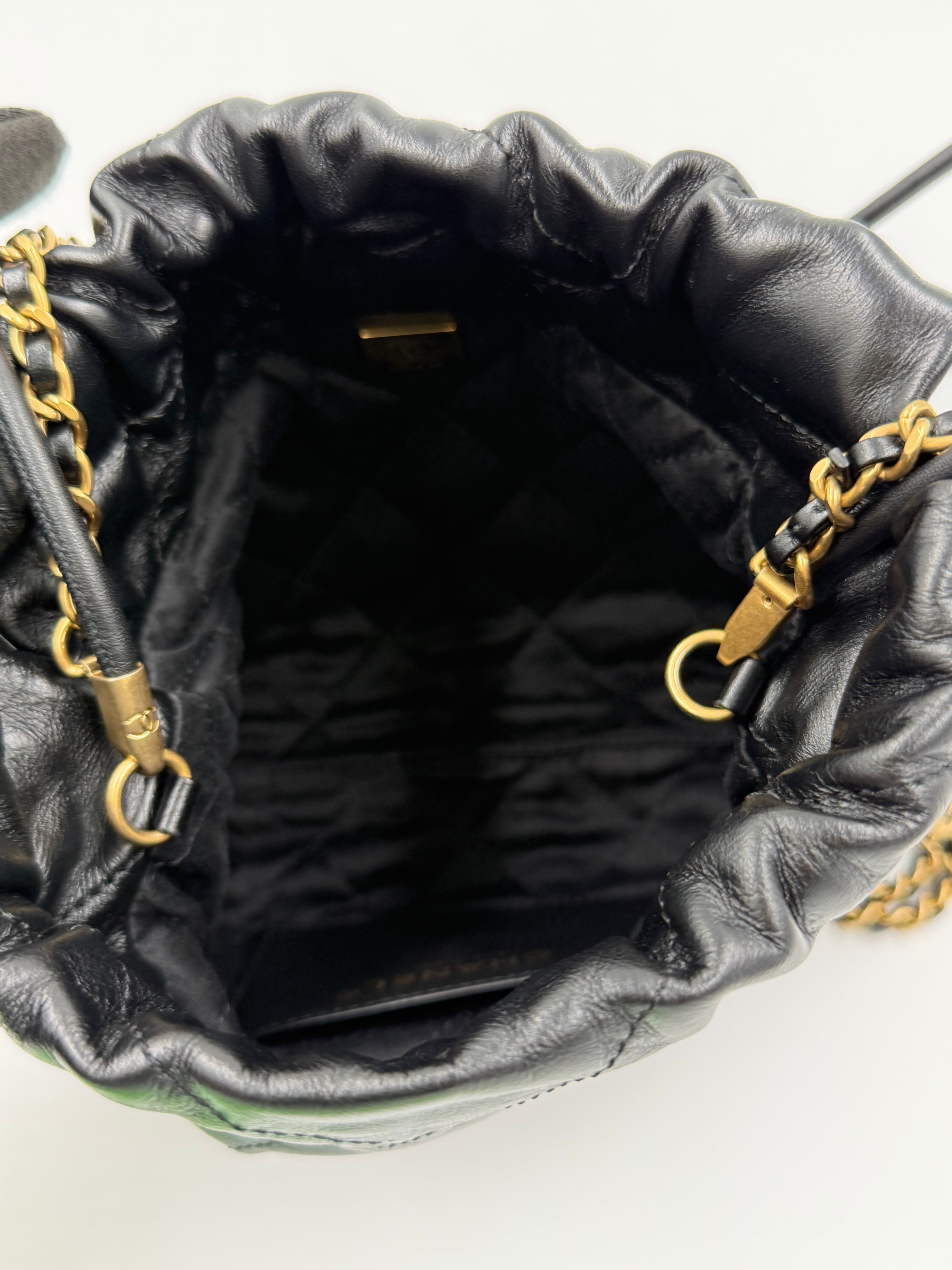 Pre-owned Chanel Shiny Calfskin Quilted Mini Chanel 22 Black Gold Hardware - Authenticated
