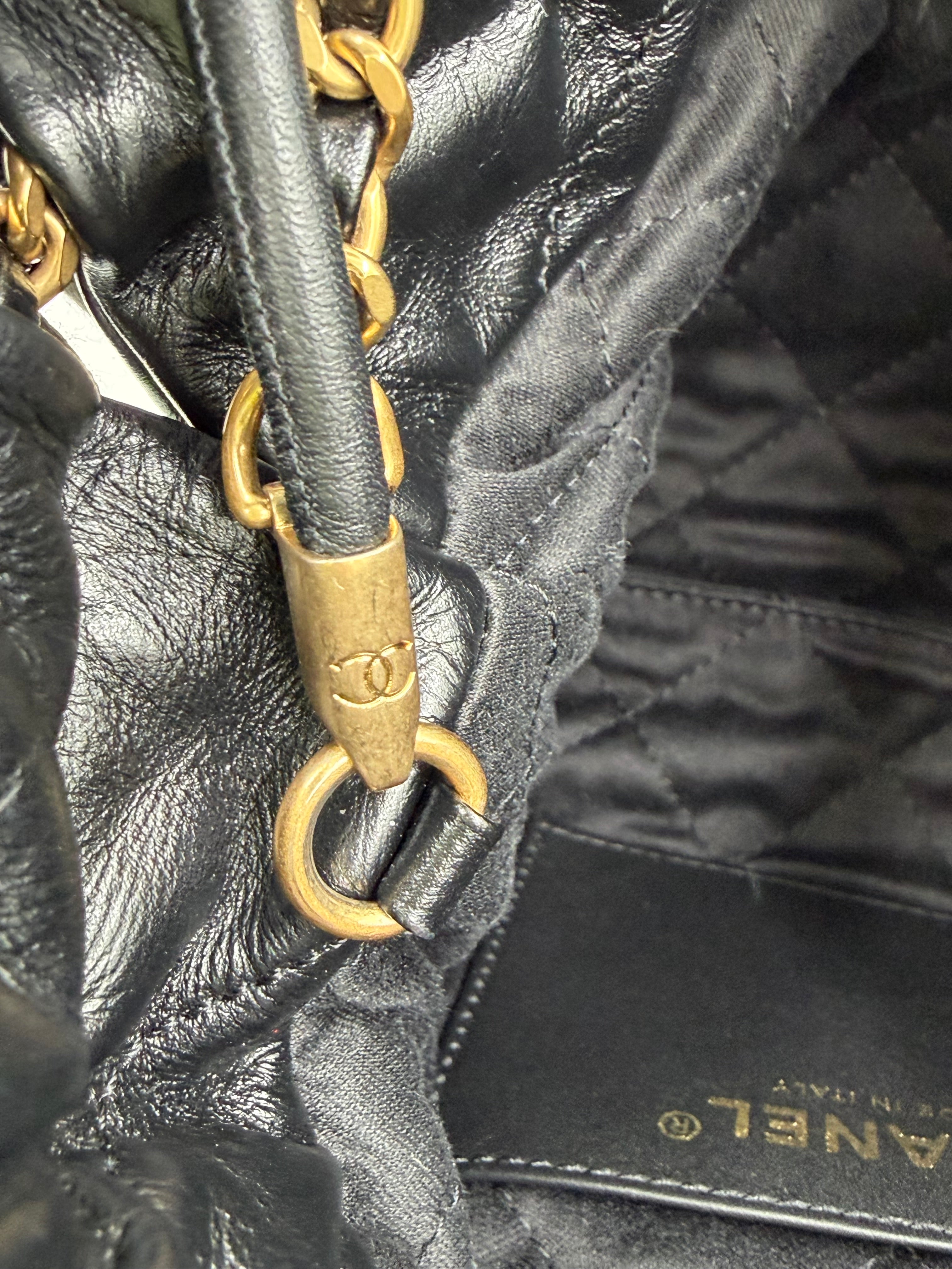 Pre-owned Chanel Shiny Calfskin Quilted Mini Chanel 22 Black Gold Hardware - Authenticated