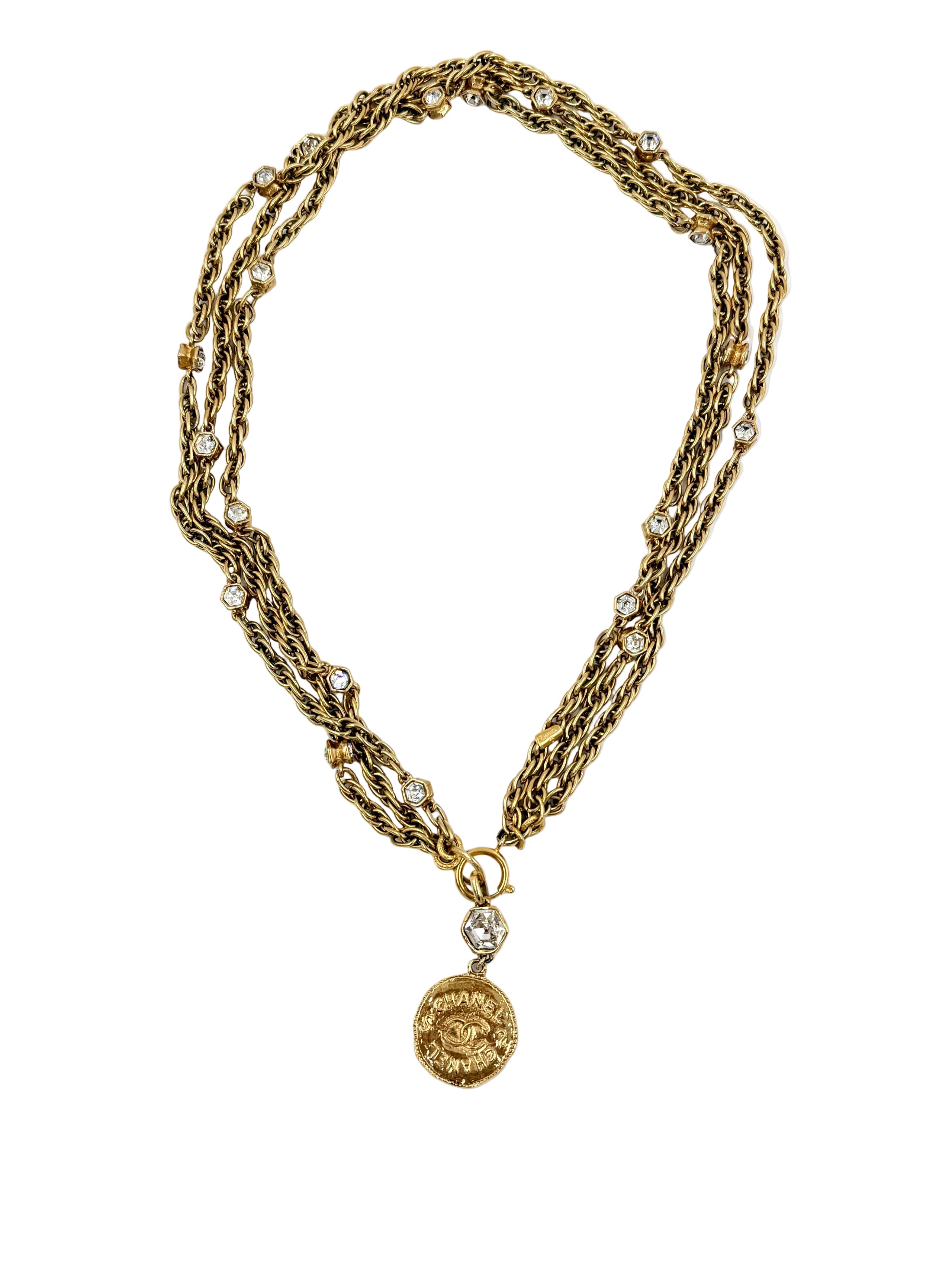 Pre-Owned Chanel Multi Strand Chain with Crystals and Gold Medallion 24k Gold Plated Vintage - Authenticated