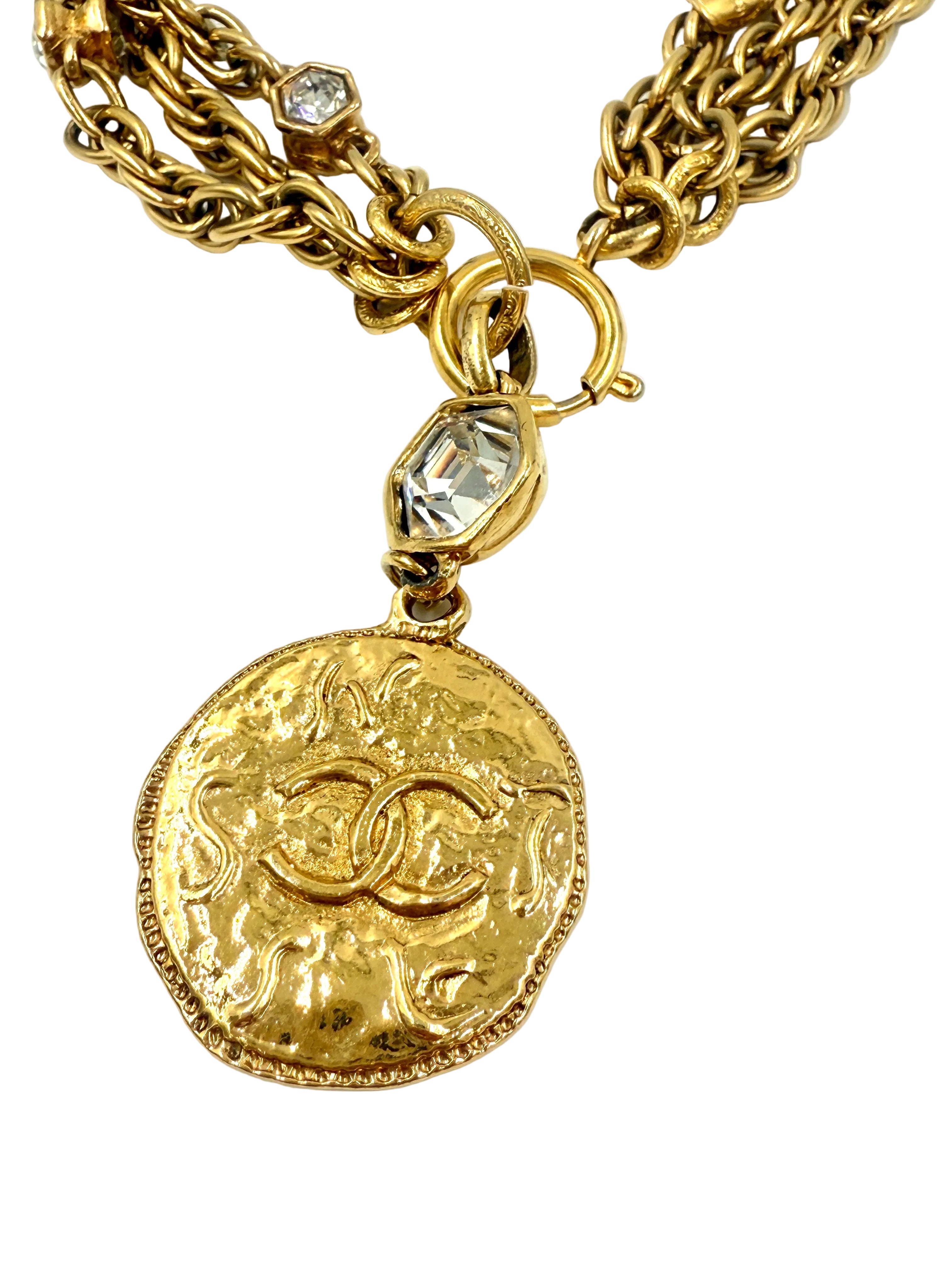 Pre-Owned Chanel Multi Strand Chain with Crystals and Gold Medallion 24k Gold Plated Vintage - Authenticated