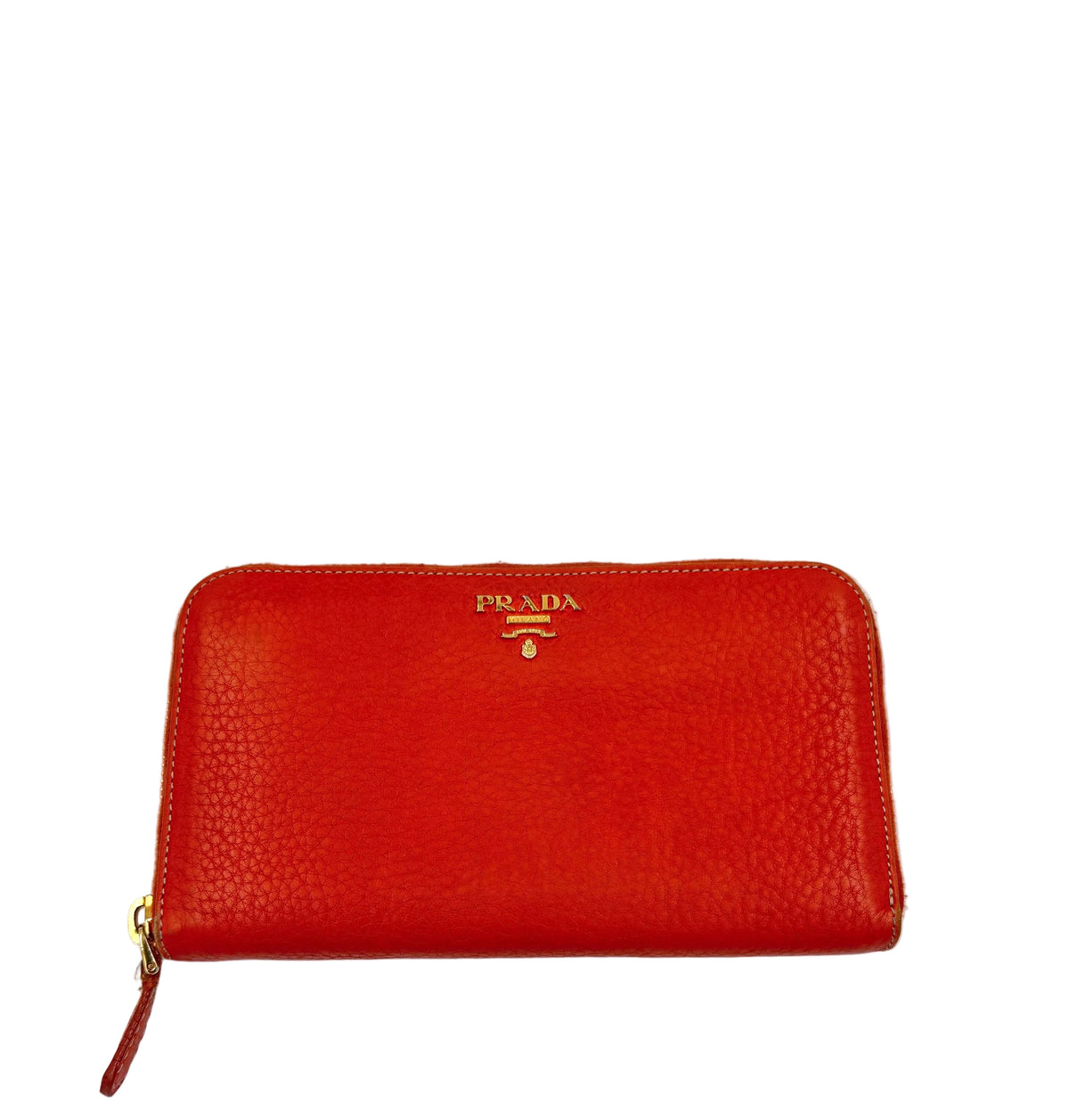 Pre-owned Prada Textured Orange Leather Zip Around Wallet