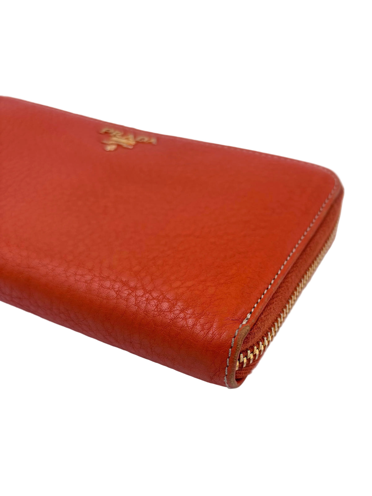 Pre-owned Prada Textured Orange Leather Zip Around Wallet