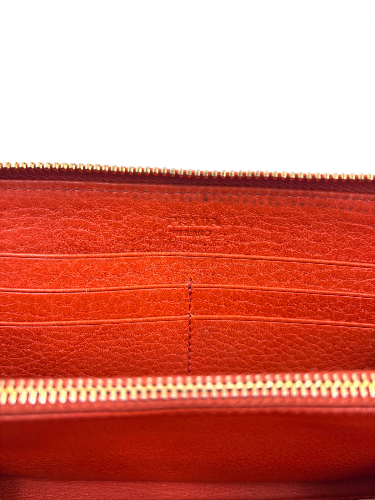 Pre-owned Prada Textured Orange Leather Zip Around Wallet