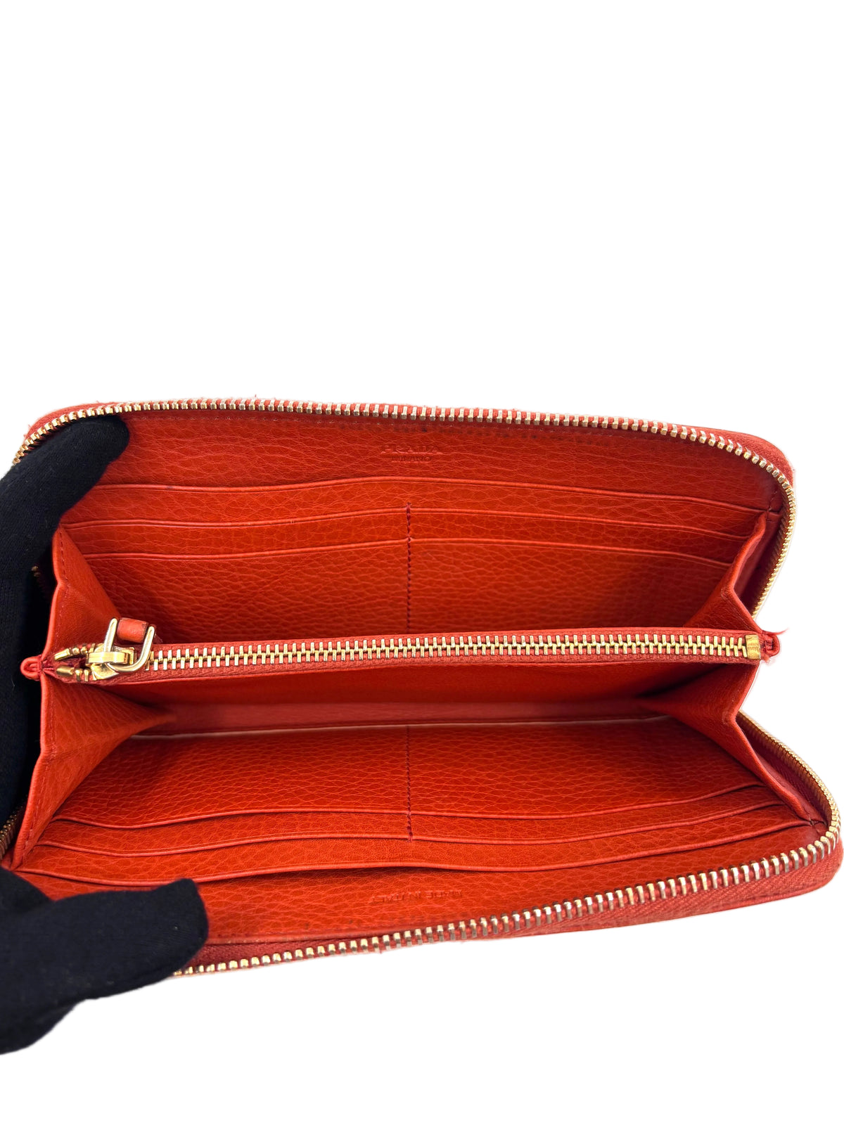 Pre-owned Prada Textured Orange Leather Zip Around Wallet