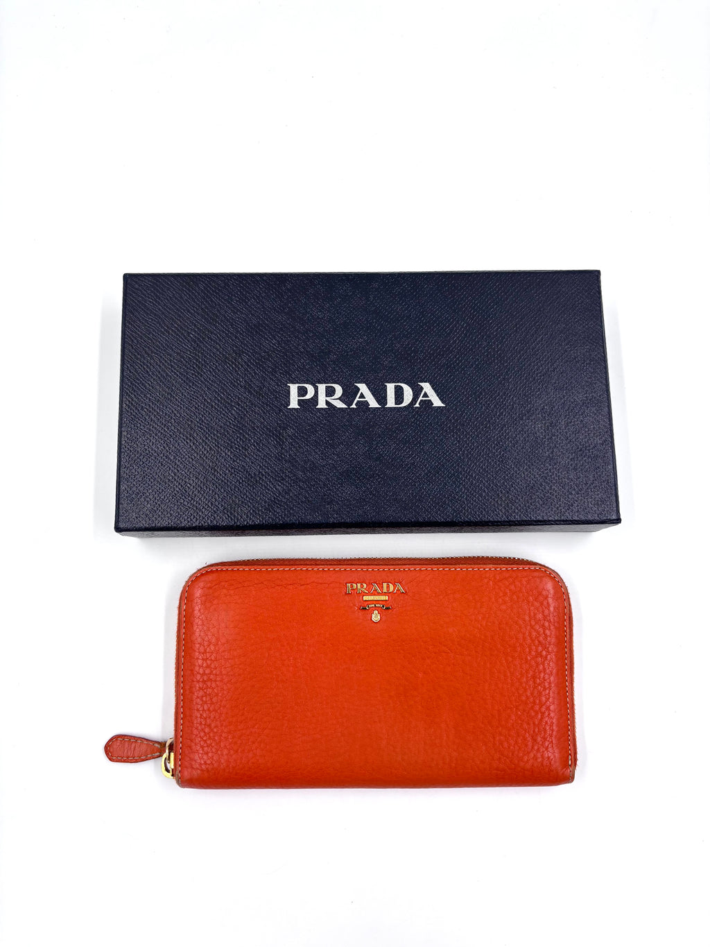 Pre-owned Prada Textured Orange Leather Zip Around Wallet