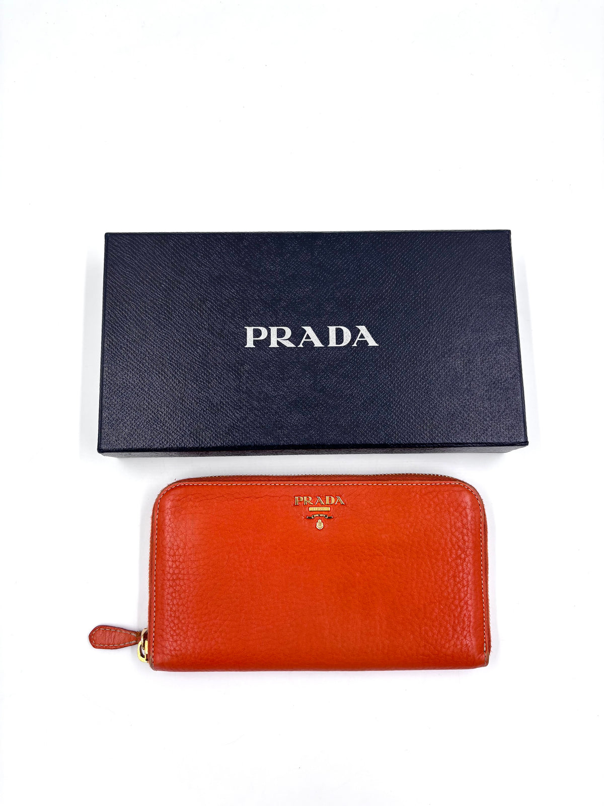 Pre-owned Prada Textured Orange Leather Zip Around Wallet
