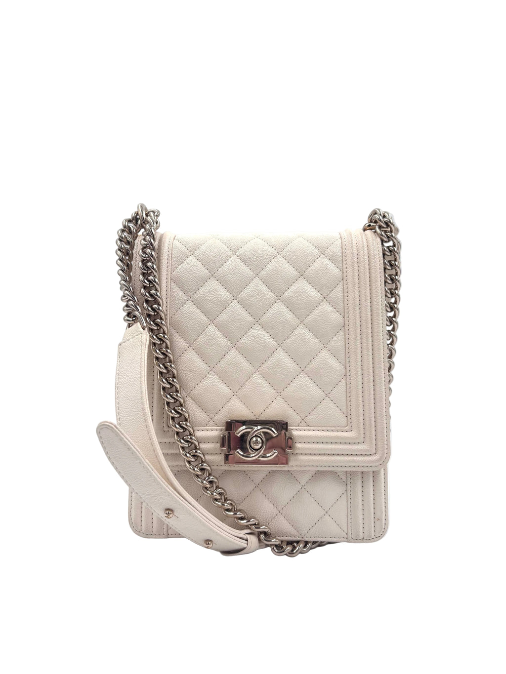 Pre-owned Chanel Ivory Caviar Leather North South Boy Bag Champagne Gold Hardware - Authenticated