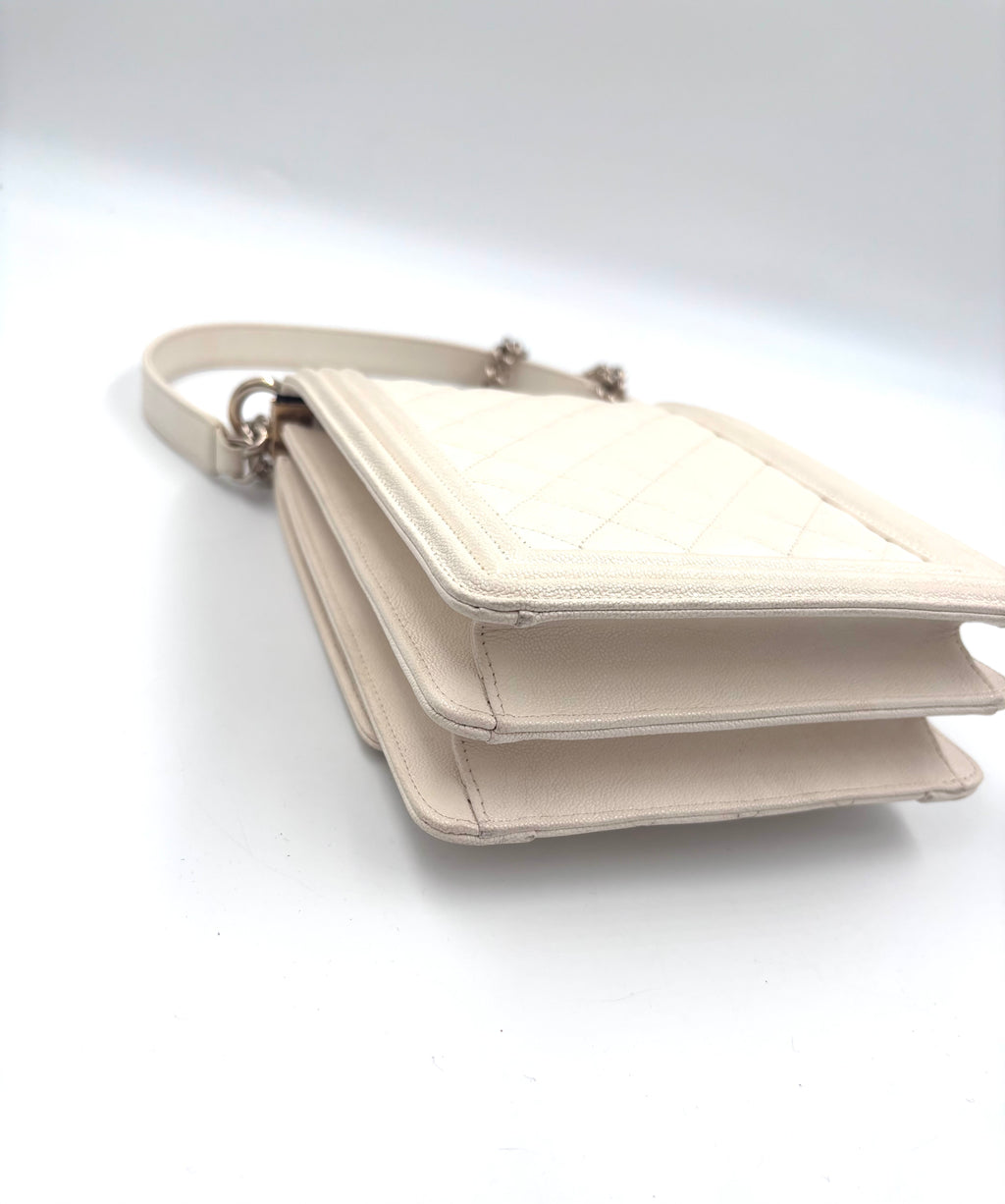 Pre-owned Chanel Ivory Caviar Leather North South Boy Bag Champagne Gold Hardware - Authenticated