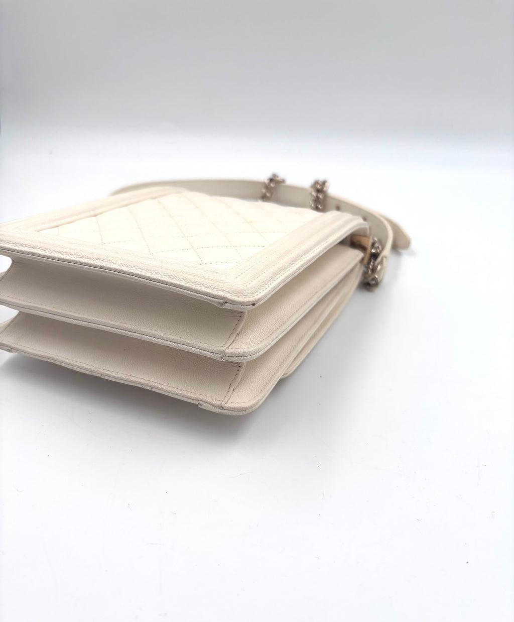 Pre-owned Chanel Ivory Caviar Leather North South Boy Bag Champagne Gold Hardware - Authenticated