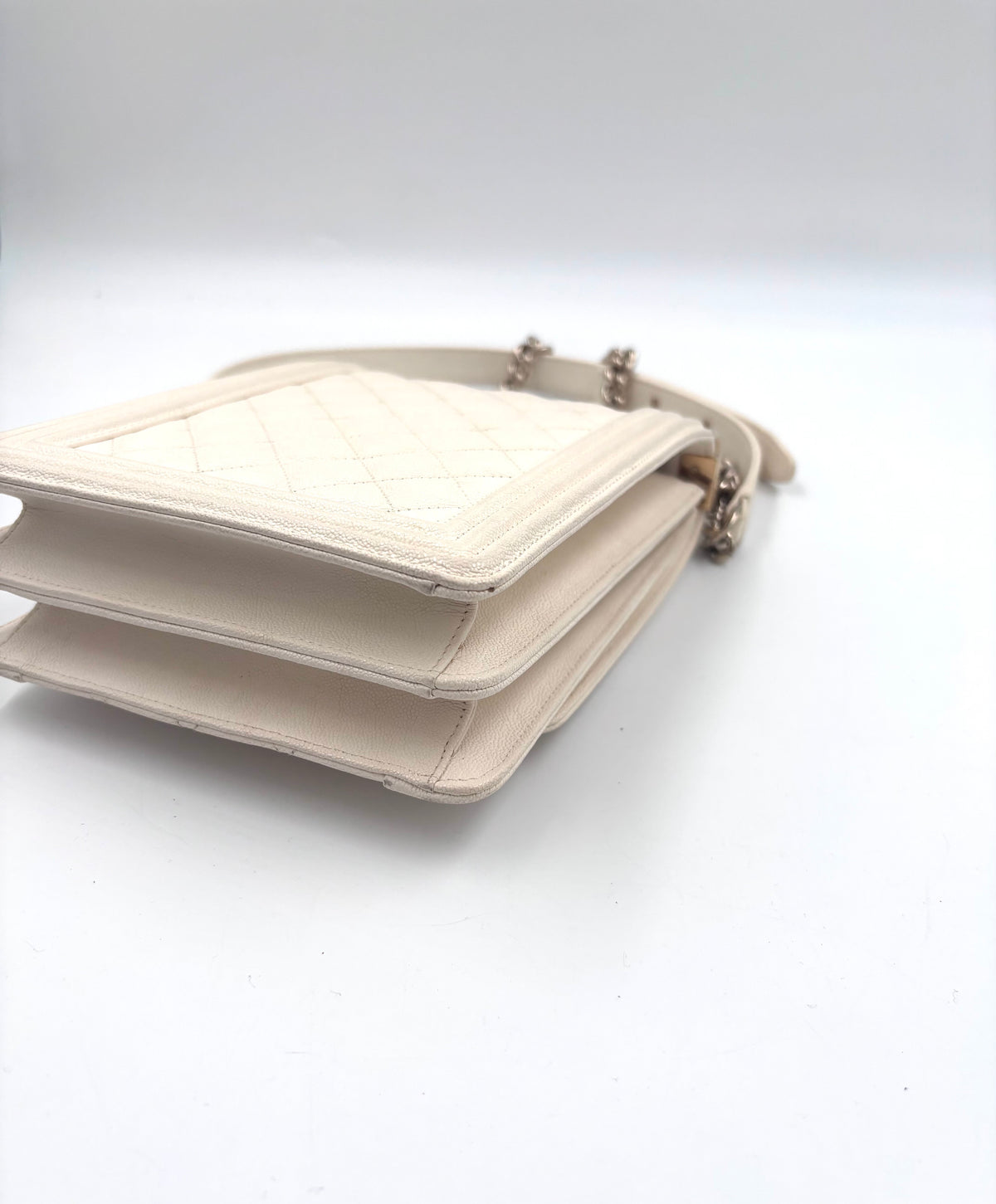 Pre-owned Chanel Ivory Caviar Leather North South Boy Bag Champagne Gold Hardware - Authenticated
