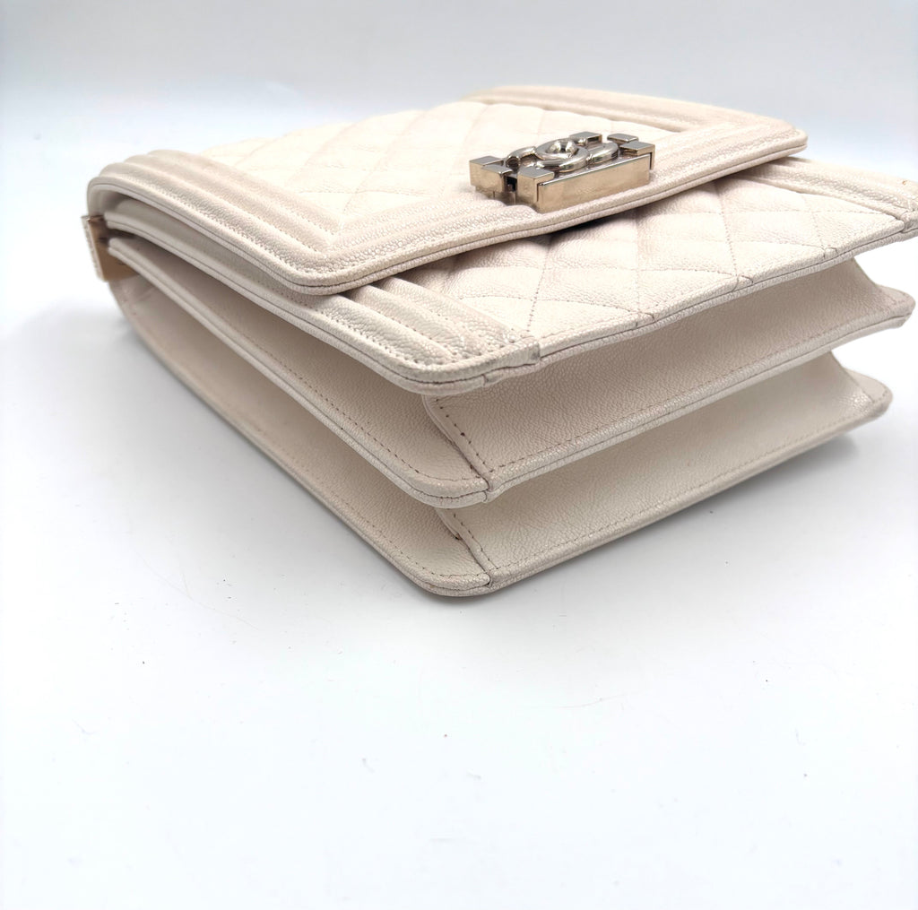 Pre-owned Chanel Ivory Caviar Leather North South Boy Bag Champagne Gold Hardware - Authenticated