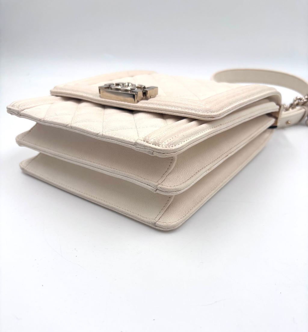 Pre-owned Chanel Ivory Caviar Leather North South Boy Bag Champagne Gold Hardware - Authenticated