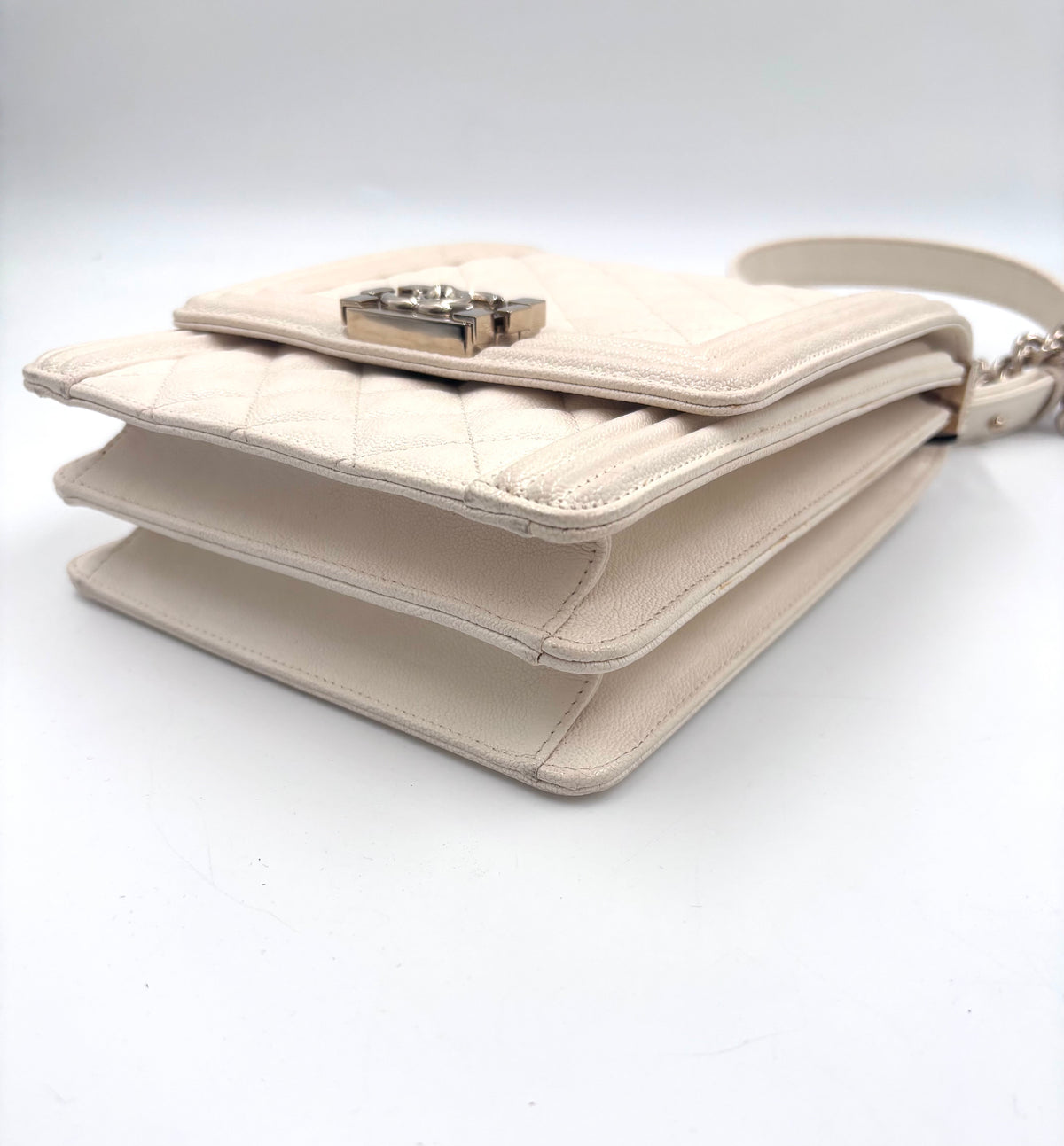 Pre-owned Chanel Ivory Caviar Leather North South Boy Bag Champagne Gold Hardware - Authenticated