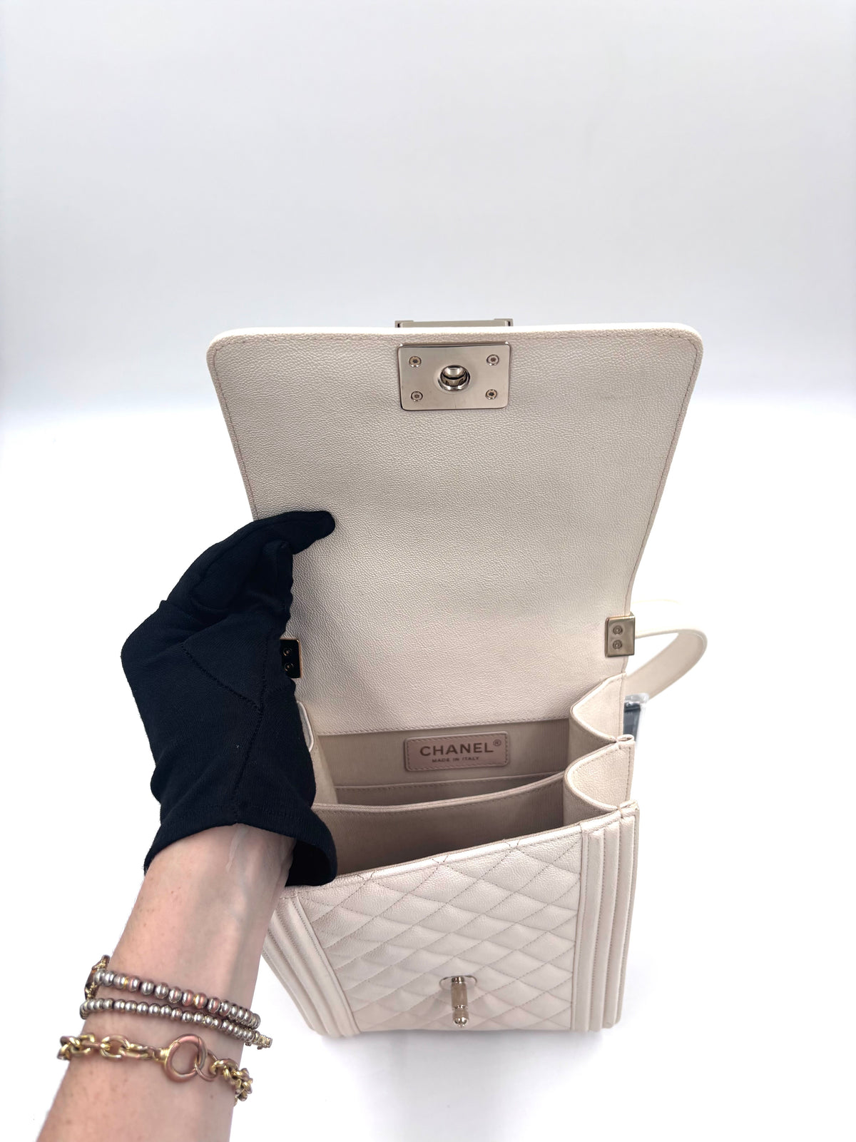 Pre-owned Chanel Ivory Caviar Leather North South Boy Bag Champagne Gold Hardware - Authenticated