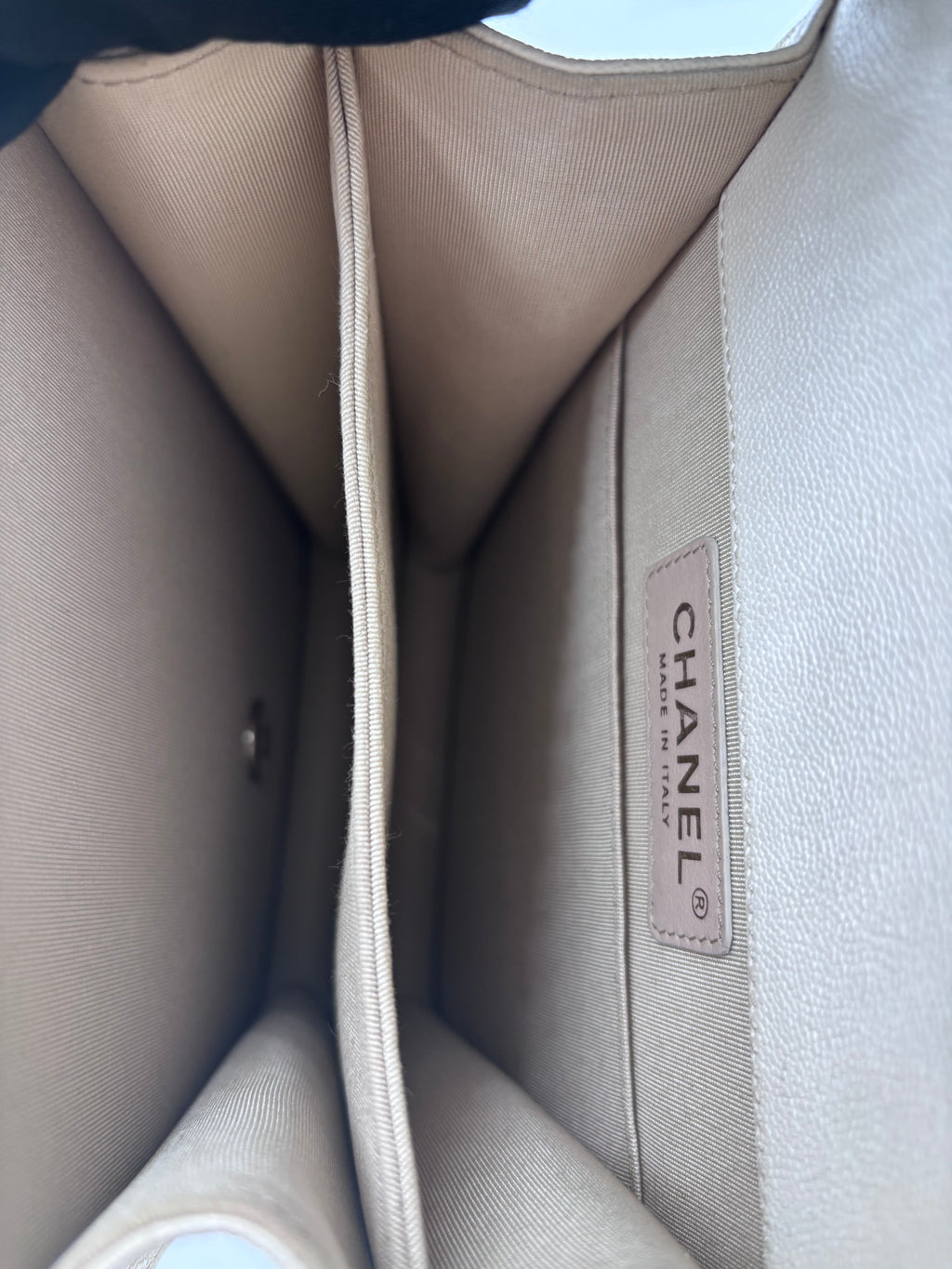 Pre-owned Chanel Ivory Caviar Leather North South Boy Bag Champagne Gold Hardware - Authenticated
