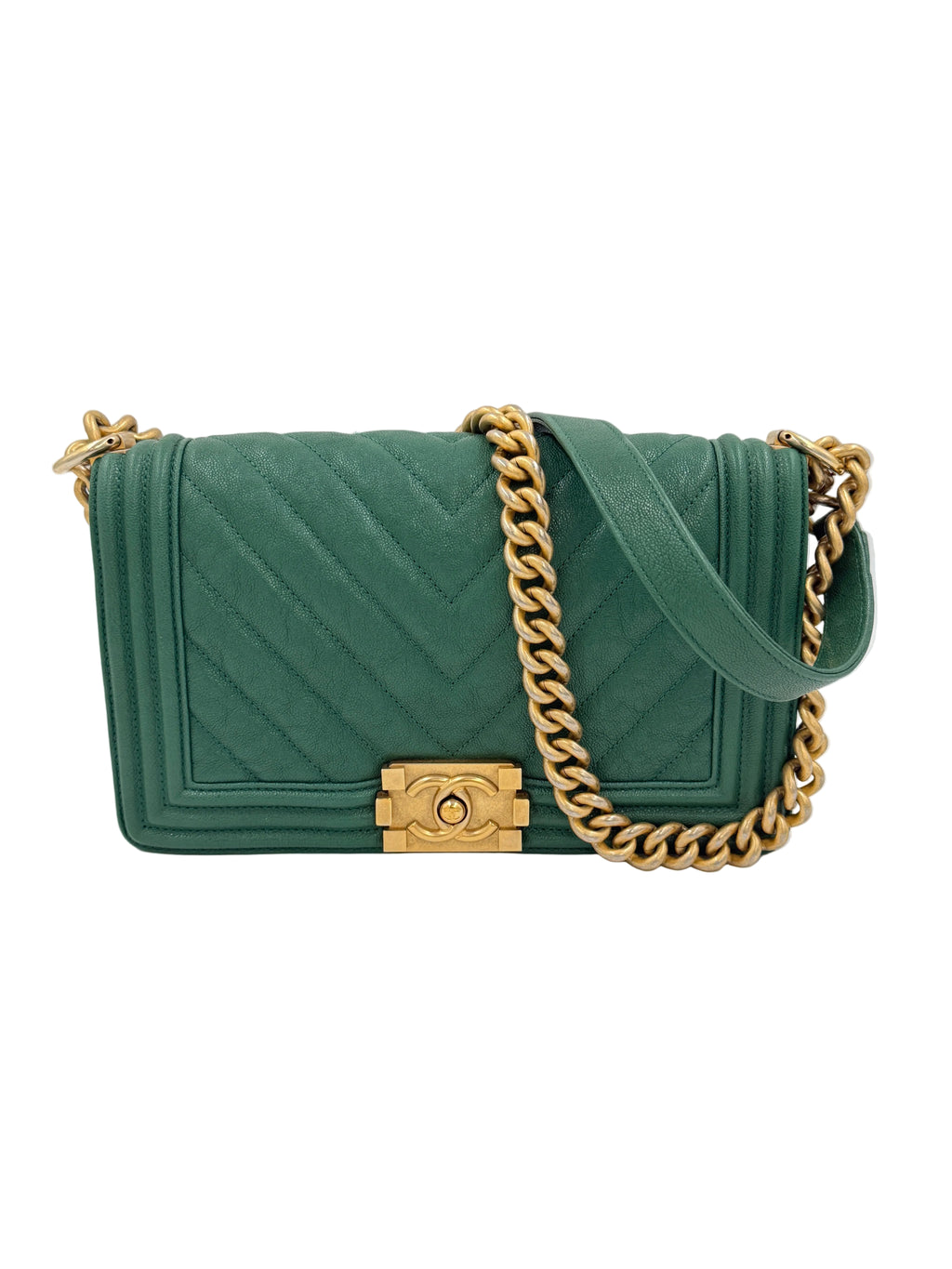 Pre-Owned Chanel Le Boy Bag Medium Green Chevron Caviar - Authenticated