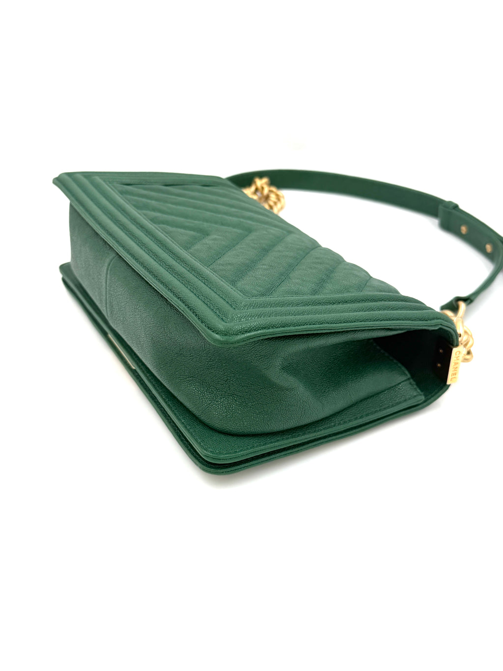Pre-Owned Chanel Le Boy Bag Medium Green Chevron Caviar - Authenticated